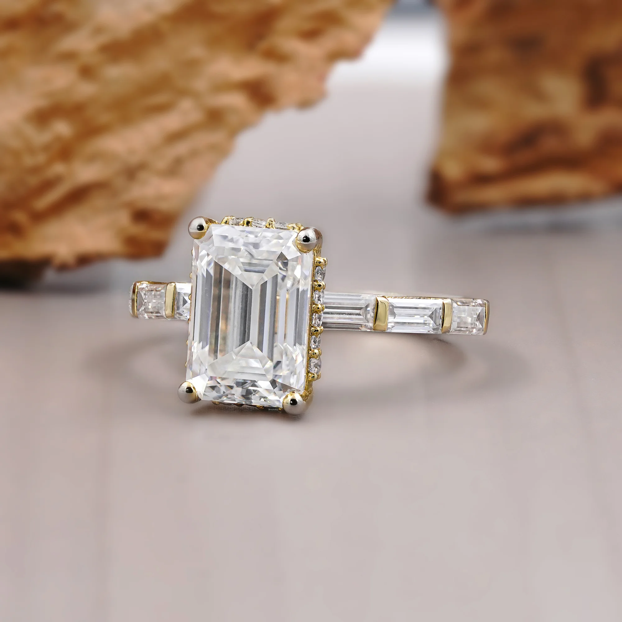 3 CT Emerald Cut Hidden Halo Ring with baguette flush set band — view 2