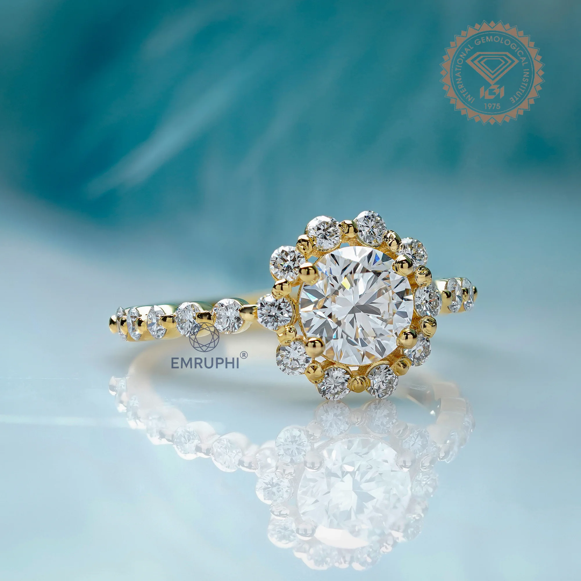 1.00 CT Round Lab Grown Diamond Halo Engagement Ring, 18k Gold Wedding Band — view 3