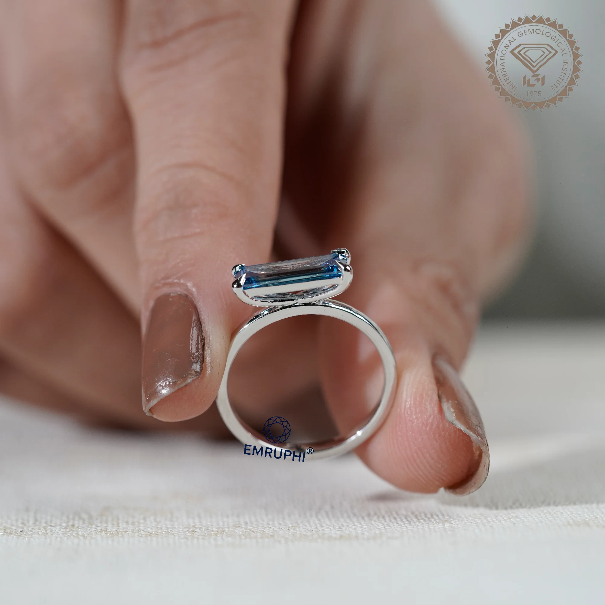 Baguette Diamond Solitaire Ring, Vivid Blue Lab Diamond Baguette — view 15