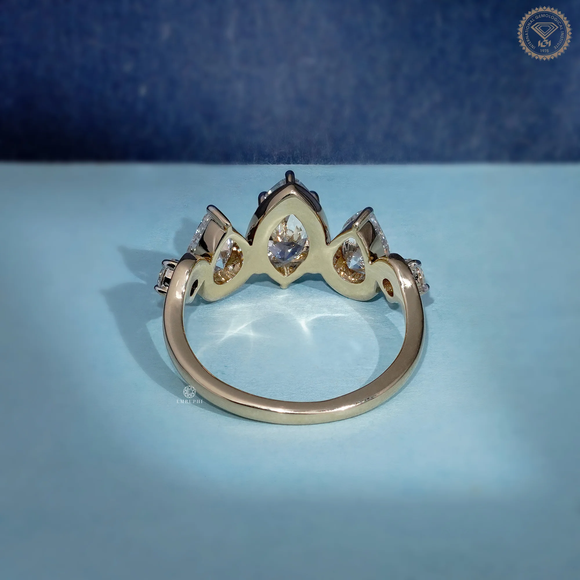 Marquise Pear Diamond Ring, Five Stone Cluster Engagement Ring, Two Tone Gold Wave Band — view 4