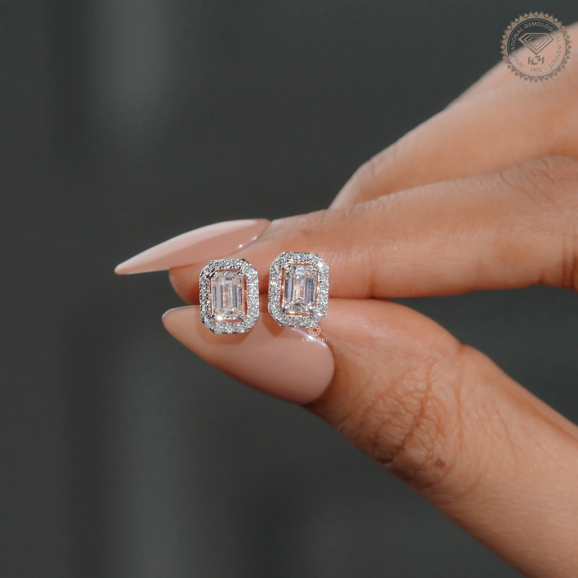Emerald Cut Lab Grown Diamond Halo Earrings, Rose Gold Two Tone Studs — view 8