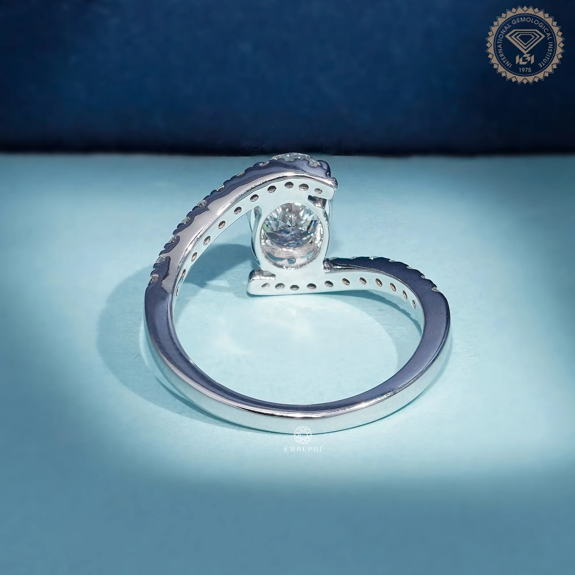 Oval Lab Grown Diamond Engagement Ring, Curved Diamond Band, Double Band Solitaire Ring — view 4