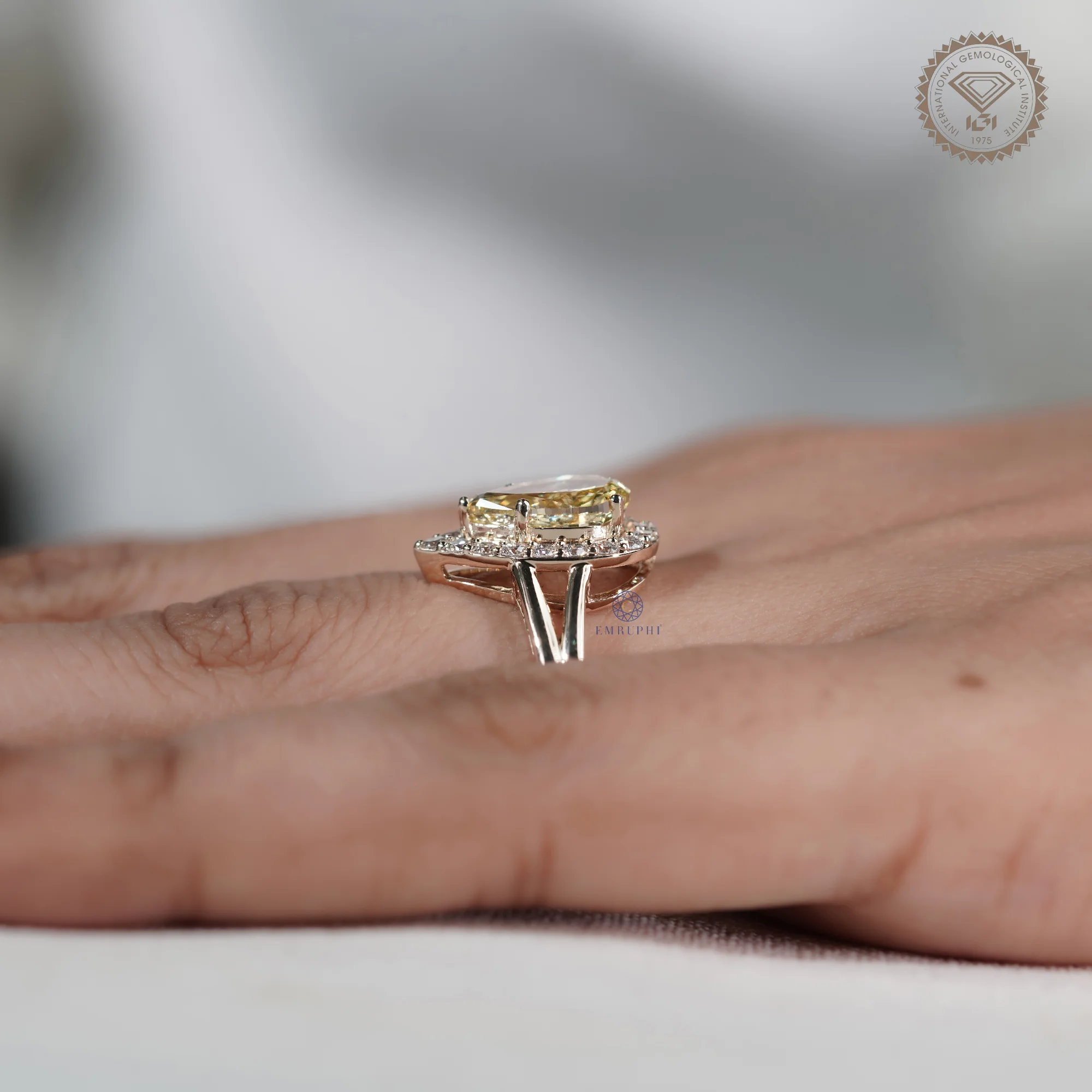 2.00 CT Pear Cut Yellow Lab Grown Diamond Halo Ring, Fancy Yellow Diamond Engagement Ring — view 9