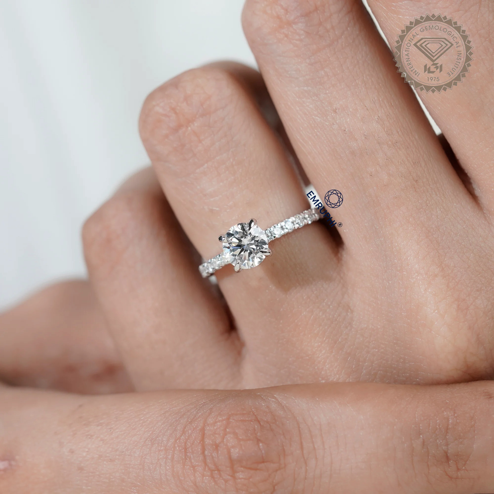 1 Carat Round Cut Lab Grown Diamond Engagement Ring, Pavé Side Stones — view 8
