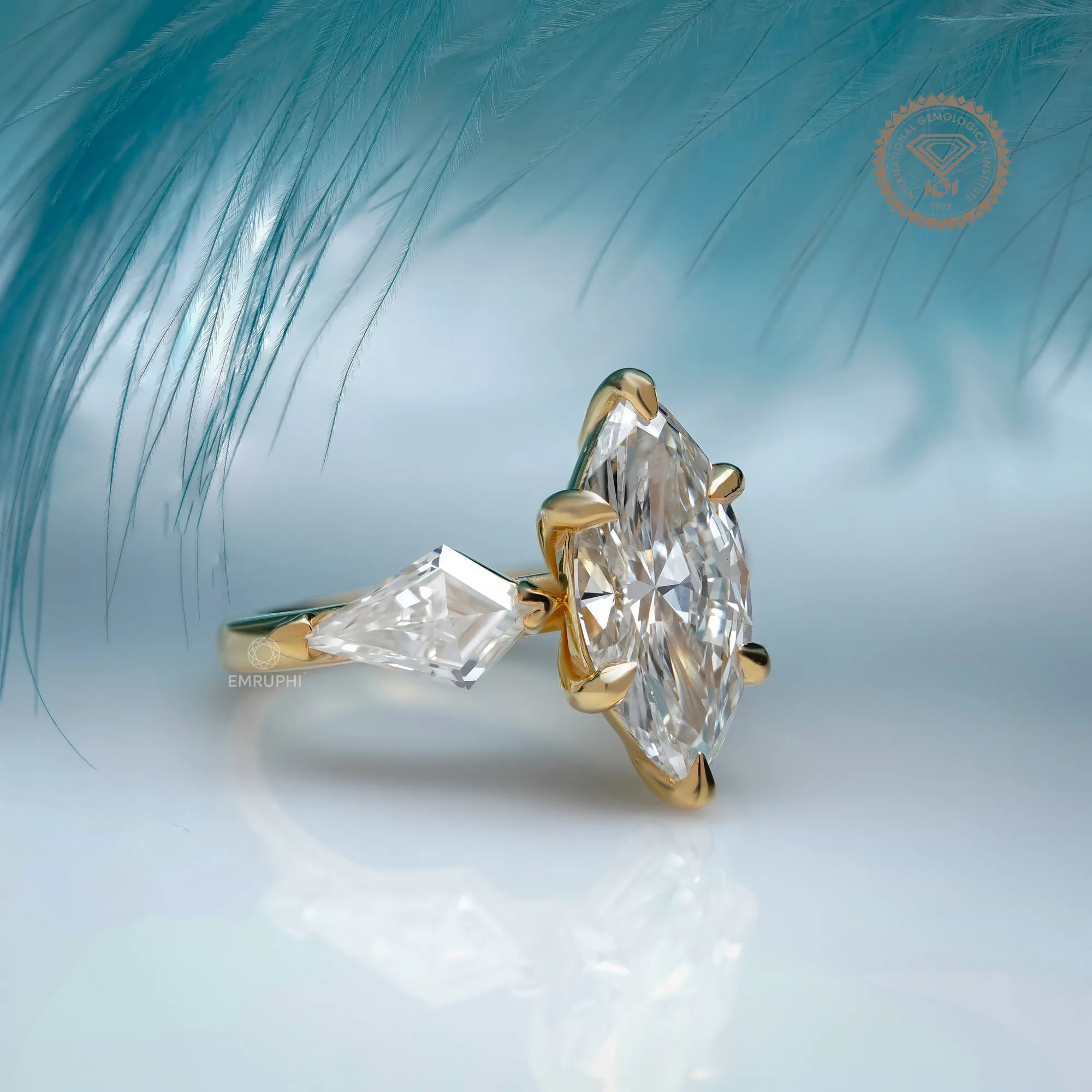 3 CT Marquise Lab Diamond Ring, Kite Side Stones, 14K Gold Wedding Ring — view 3