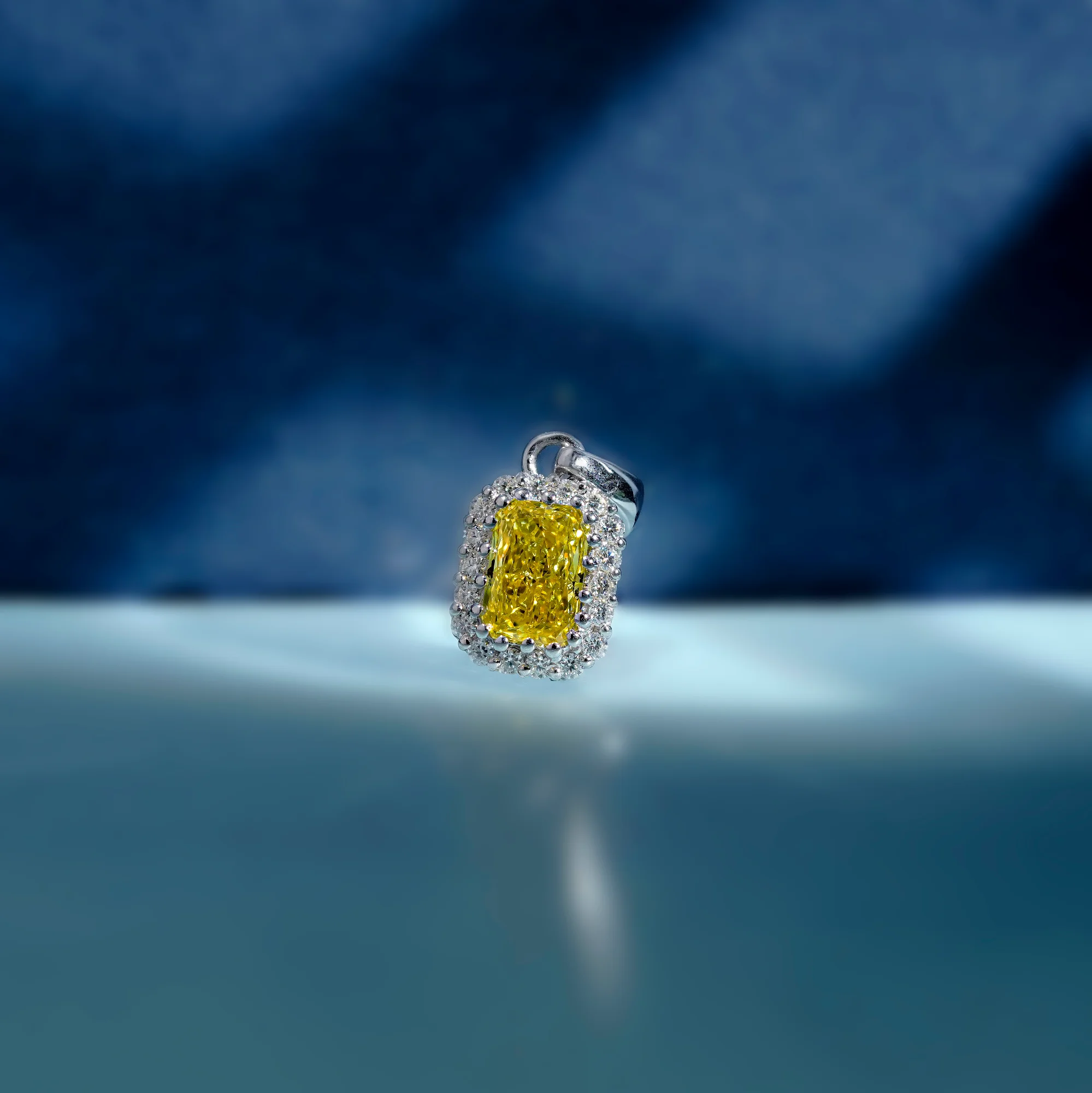 Vivid Yellow Radiant Cut Lab Diamond Pendant, 10K White Gold Double Halo Necklace — view 4