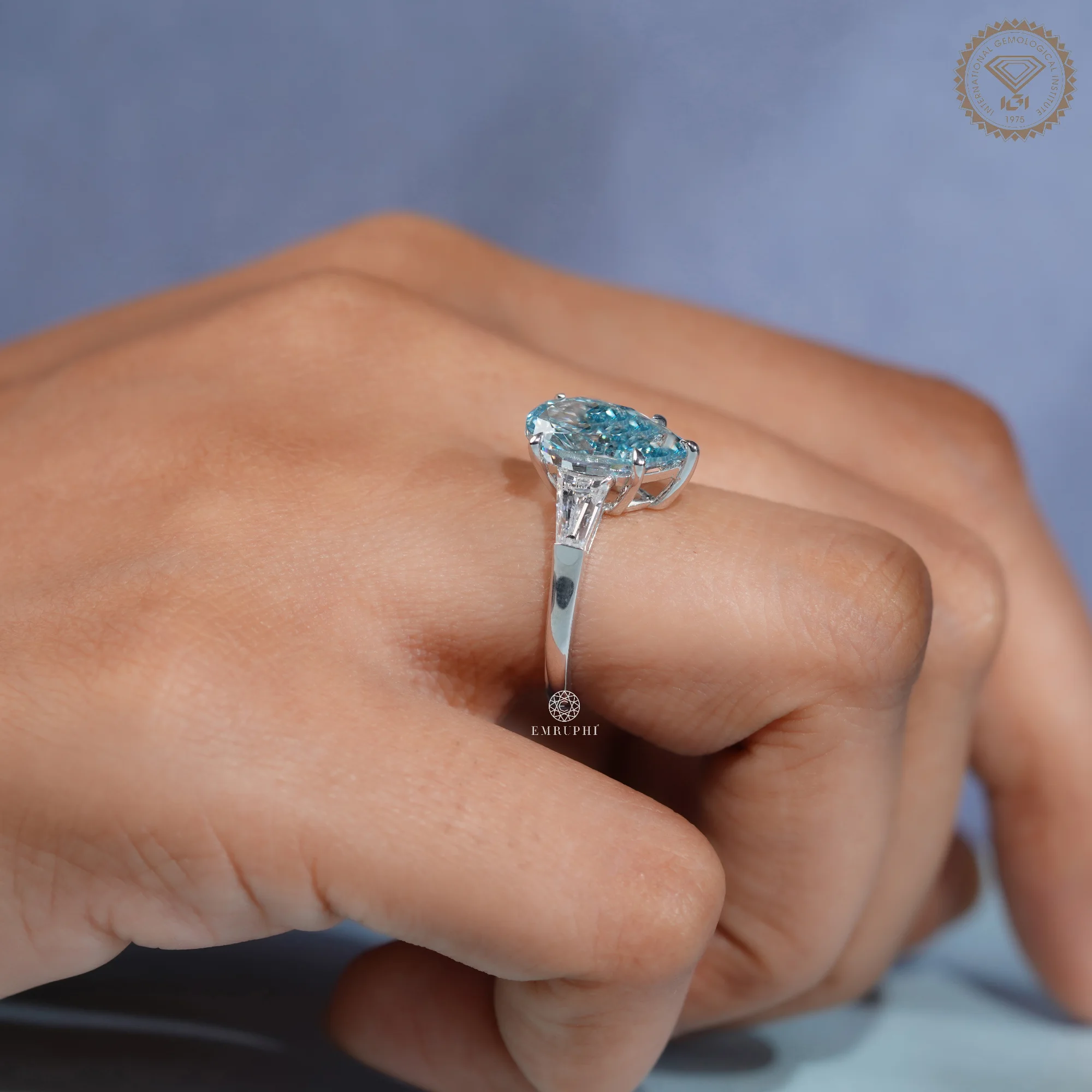 5 CT Vivid Blue Pear Lab Grown Diamond Engagement Ring, Tapered Baguette Side Stones — view 6