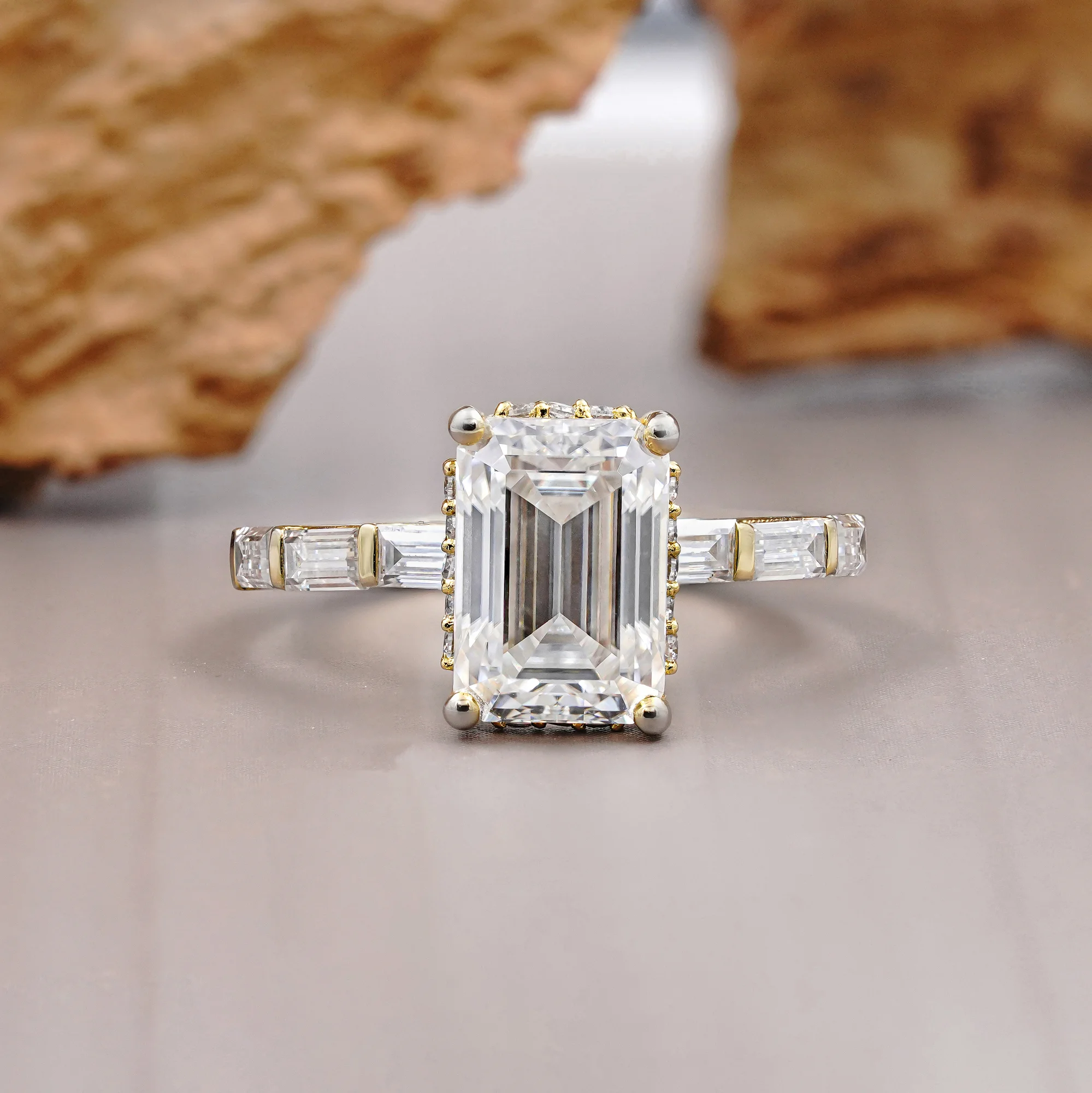 3 CT Emerald Cut Hidden Halo Ring with baguette flush set band