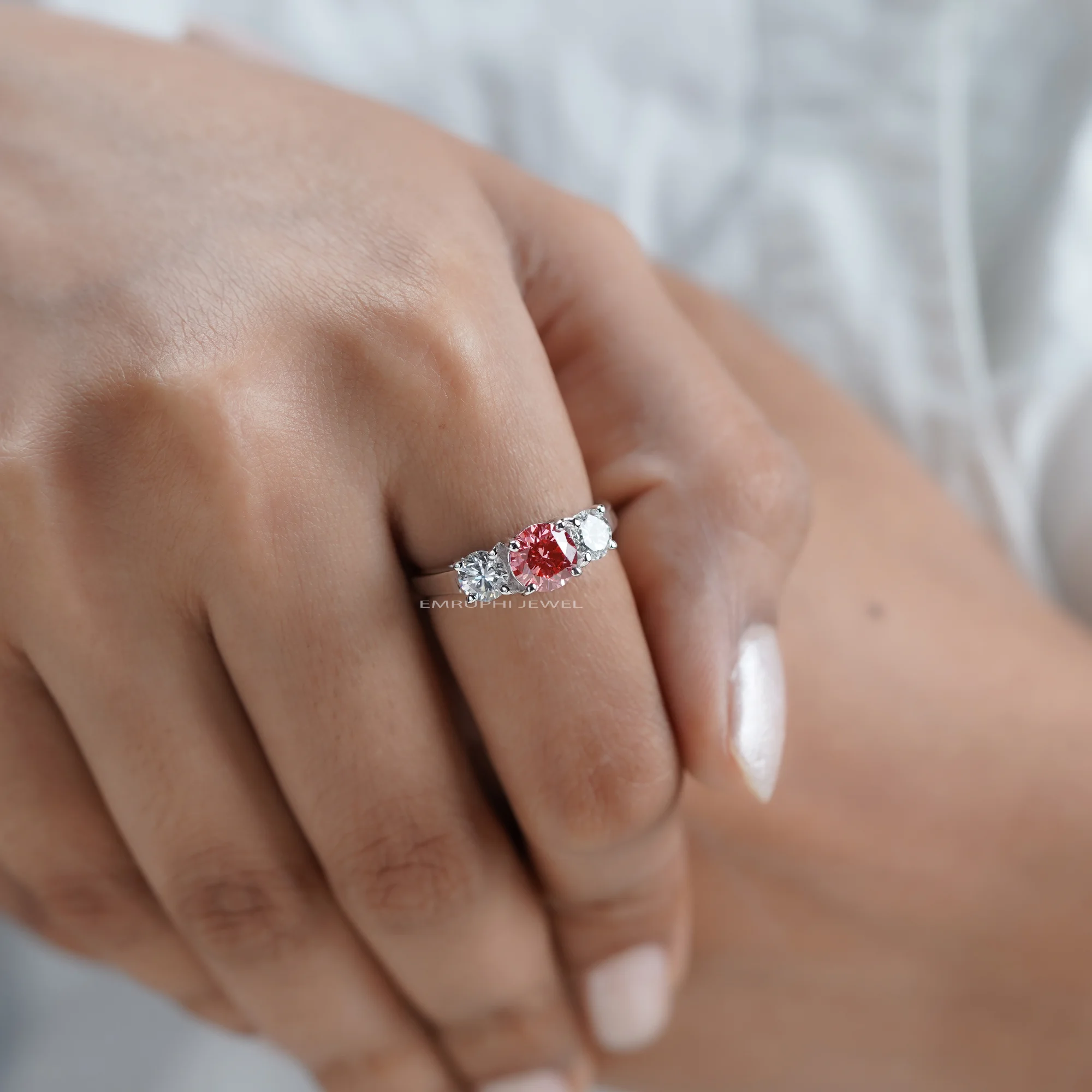 Pink Lab Grown Diamond Engagement Ring, 14K White Gold Three-Stone Wedding Ring — view 7