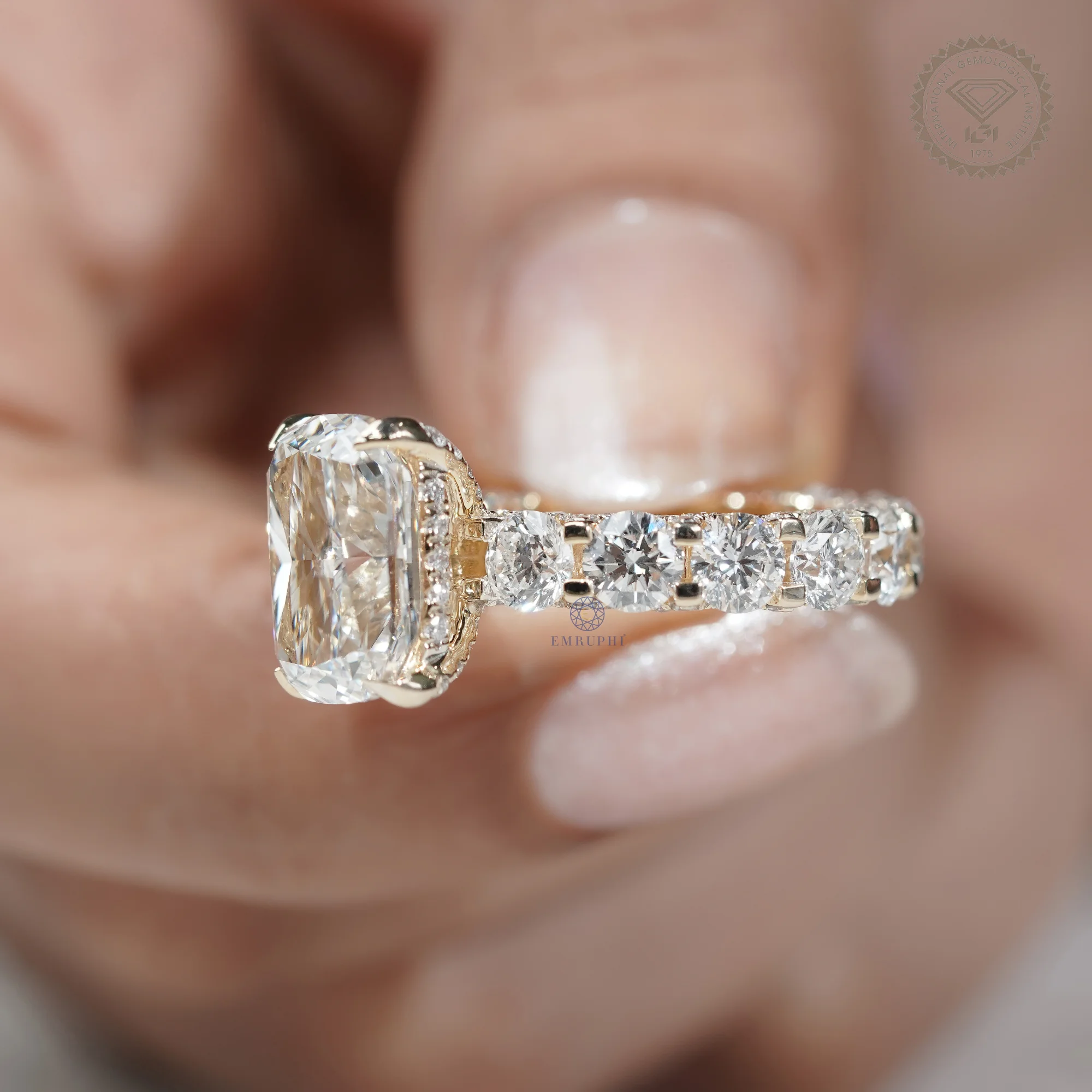 5 CT Cushion Cut Lab Grown Diamond Engagement Ring, Round Diamond Band Ring, 14K Gold Bridal Ring — view 16