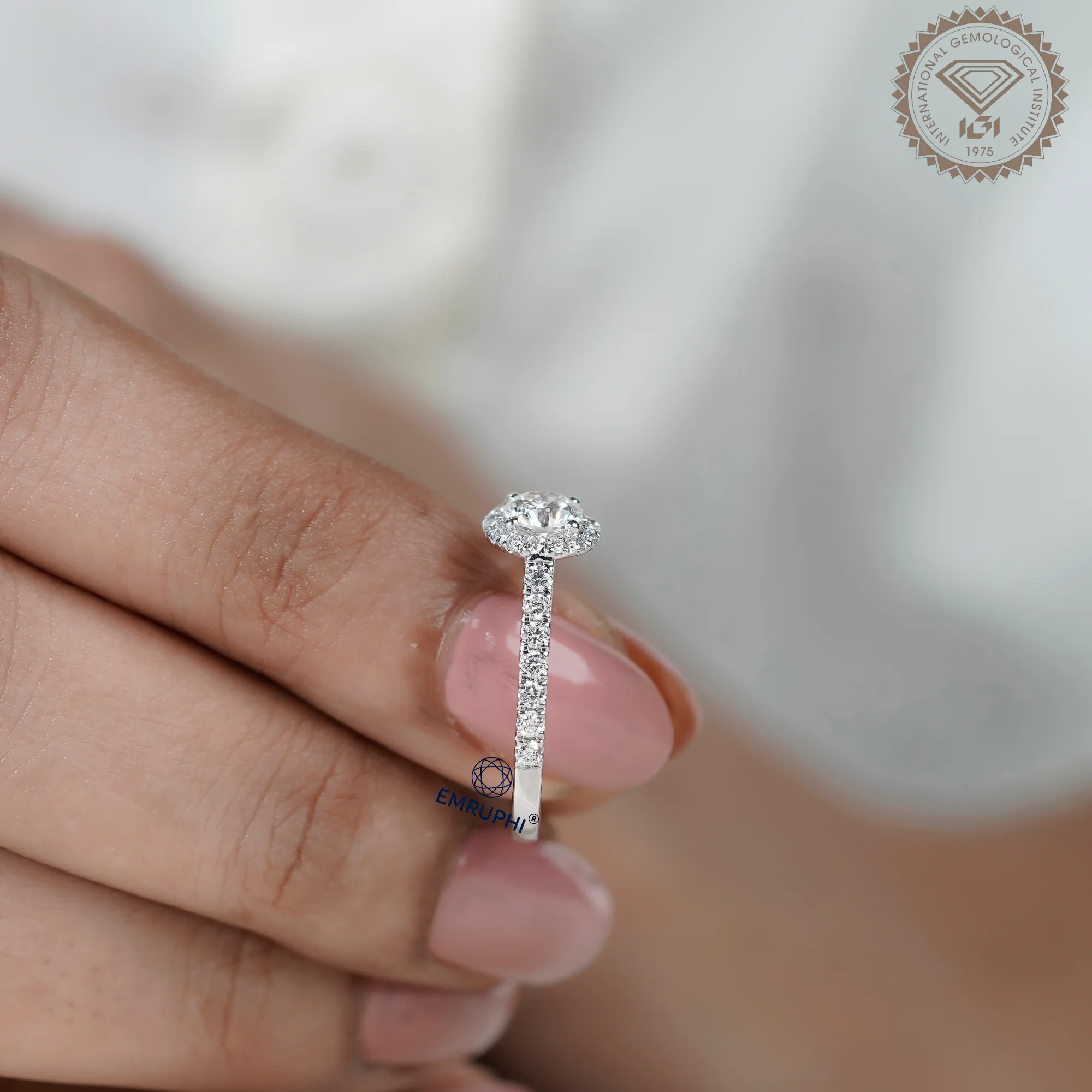 1.00 CT Round Halo Diamond Engagement Ring, Pave Band Halo Ring — view 6
