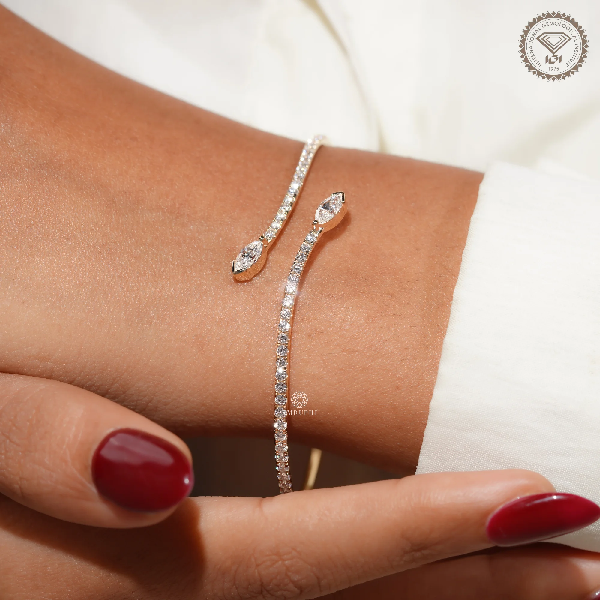 Open Cuff Diamond Bangle Bracelet, Marquise Pave Bracelet, 14K Cross Over Bangle — view 8