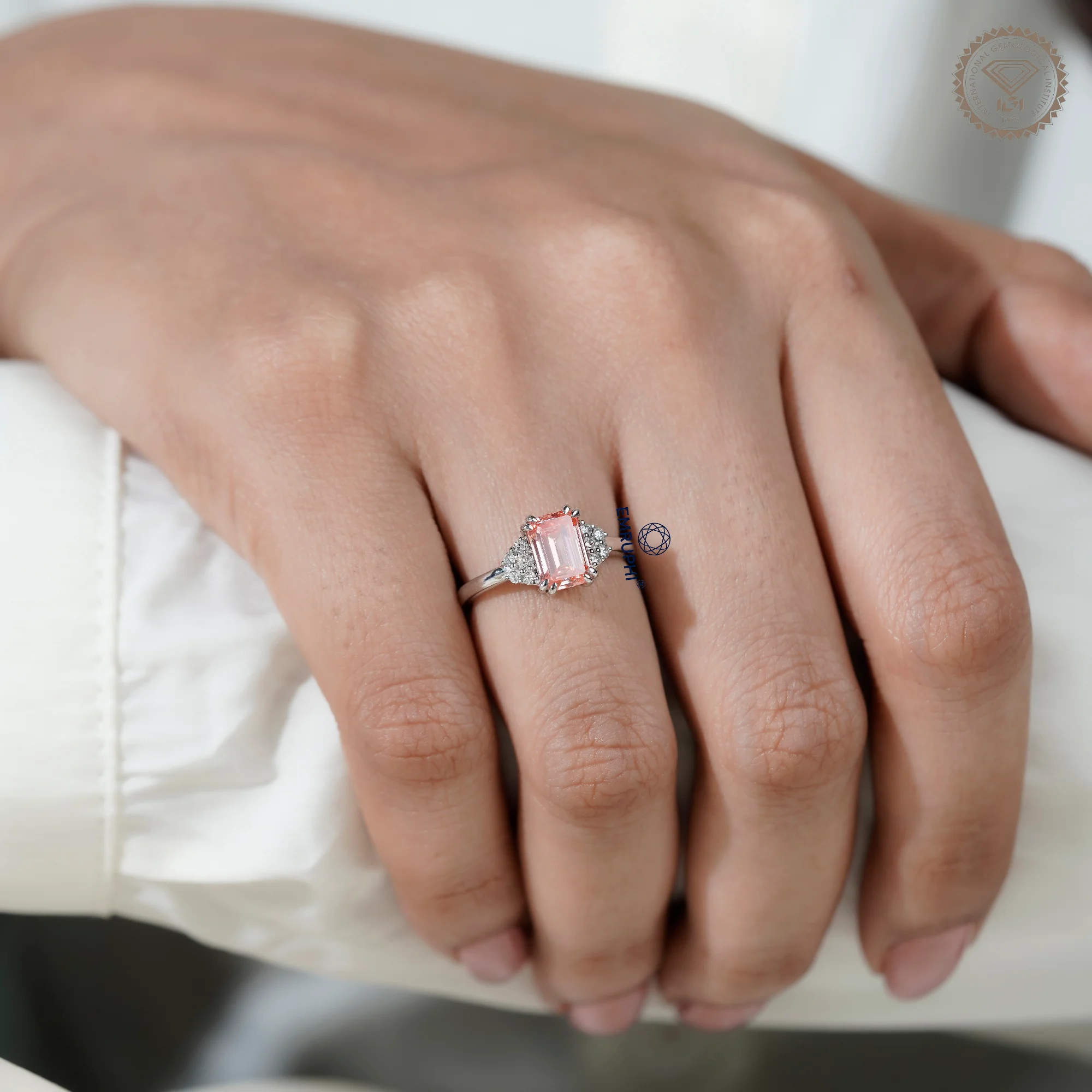 Emerald Cut Vivid Pink Lab-Grown Diamond Cluster Ring, Nature Inspired Ring, Emerald Cluster Ring, Emerald Wedding Ring in 18k Gold — view 17