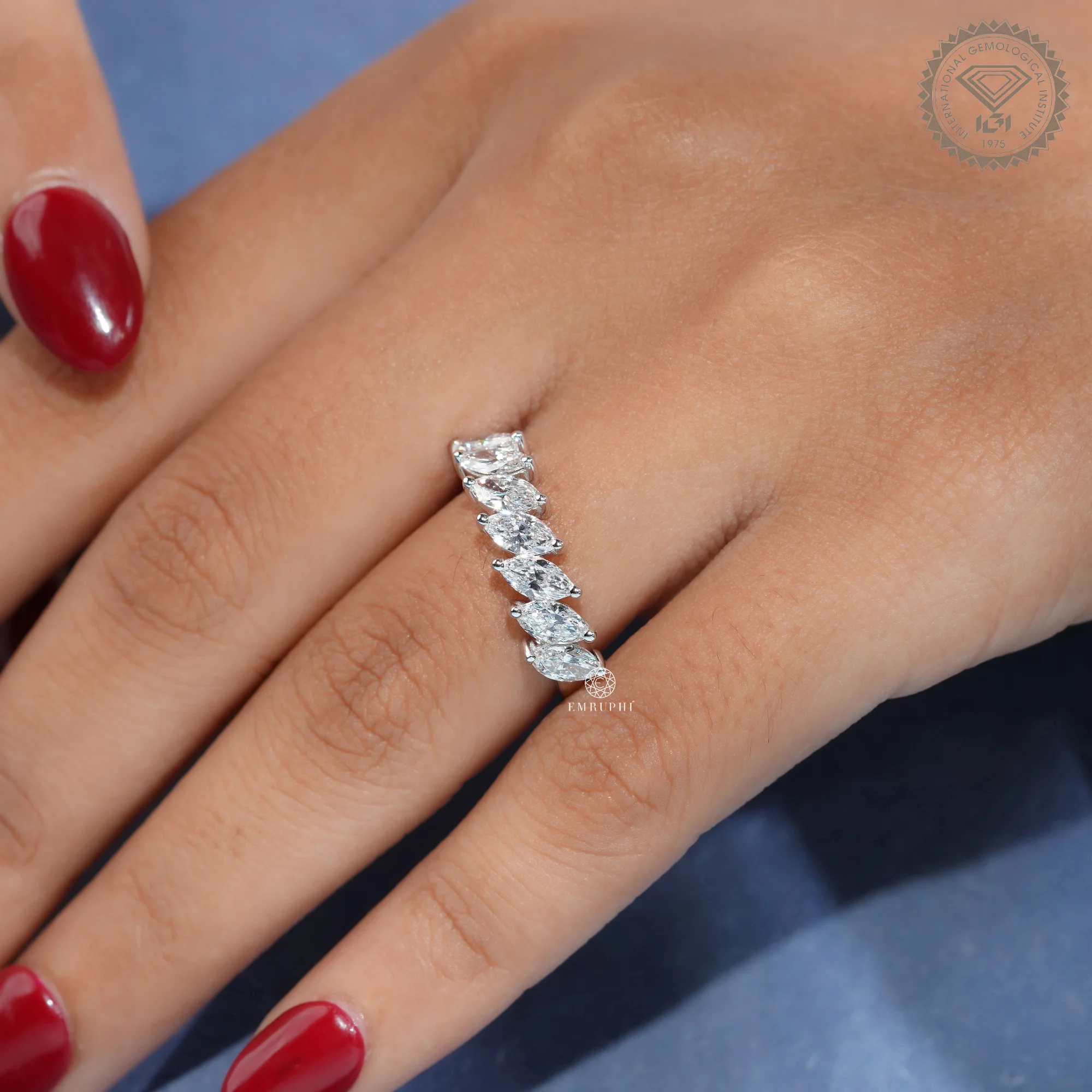 Marquise Cut Lab Grown Diamond Half Eternity Ring, Angled Marquise Wedding Band — view 11