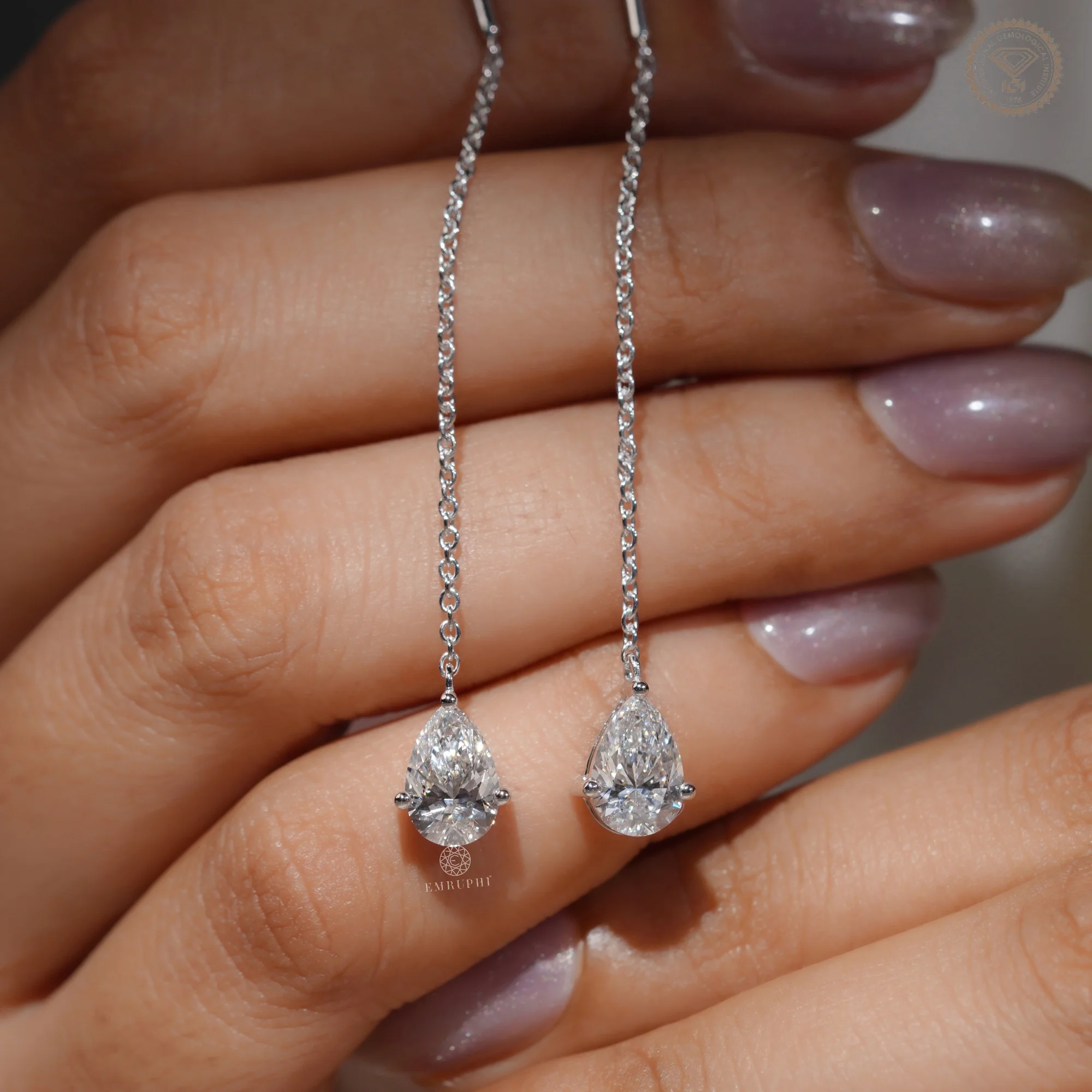 Pear Drop Threader Earrings, White Gold Drop Chain Earrings, Minimalist Long Chain Dangle Earring — view 14