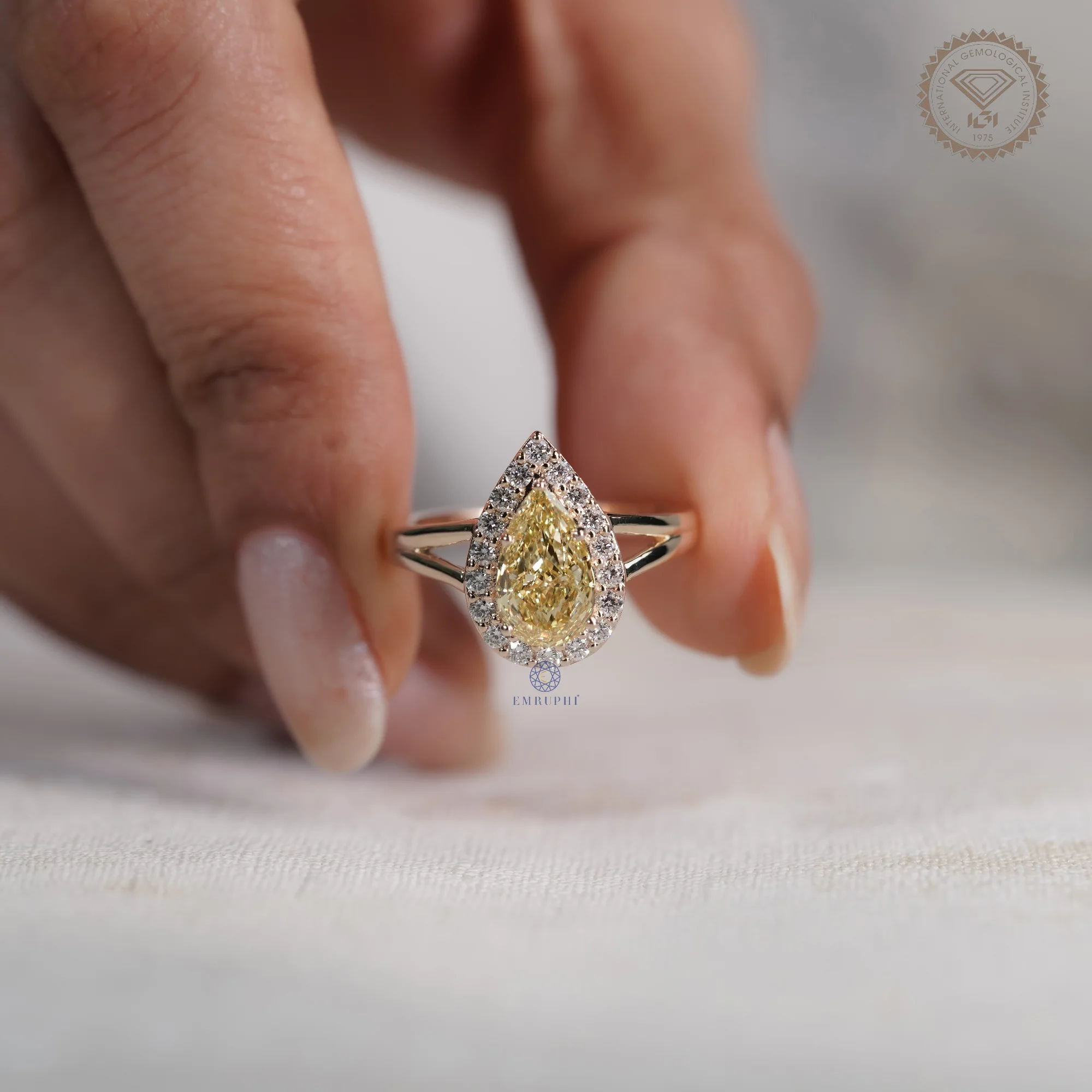 2.00 CT Pear Cut Yellow Lab Grown Diamond Halo Ring, Fancy Yellow Diamond Engagement Ring — view 5