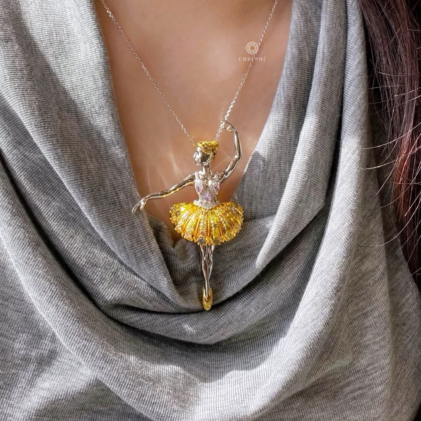 Lab Grown Fancy Yellow Diamond Ballerina Brooch Pendant, Dual Function Ballerina Dancer Pin Necklace — view 8