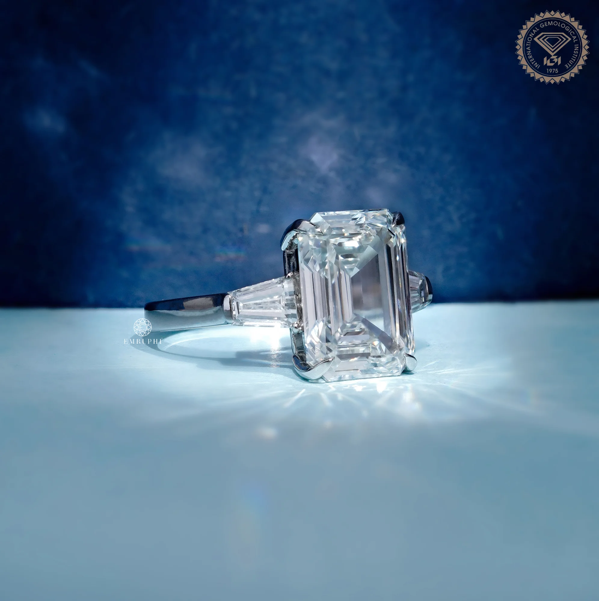 5.5 CT Emerald Cut Lab Diamond Ring with Tapered Baguette Side Stones, IGI Certified Diamond — view 3