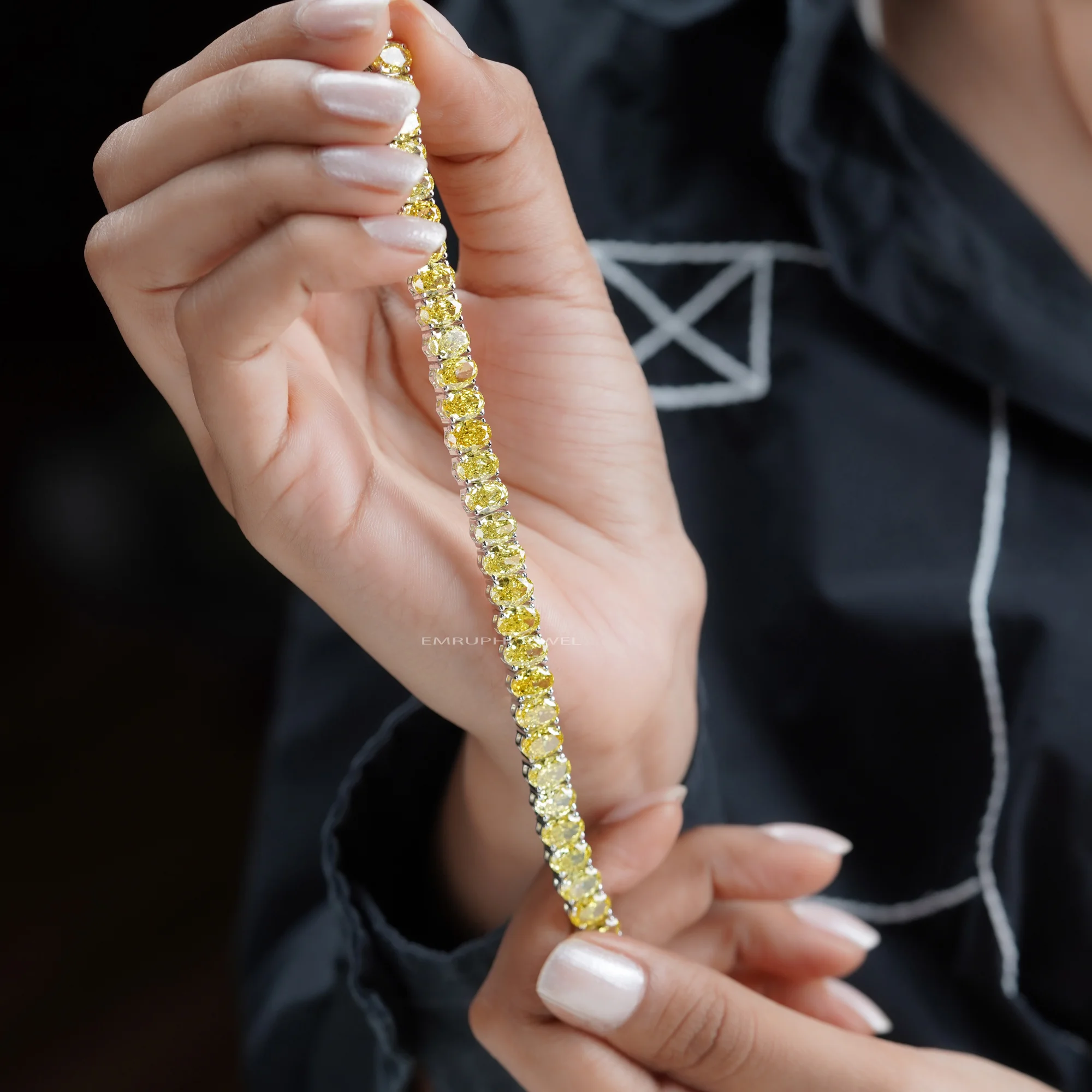 Yellow Oval Lab Grown Diamond Tennis Bracelet, Oval Cut Solitaire Tennis Bracelet in Gold — view 13