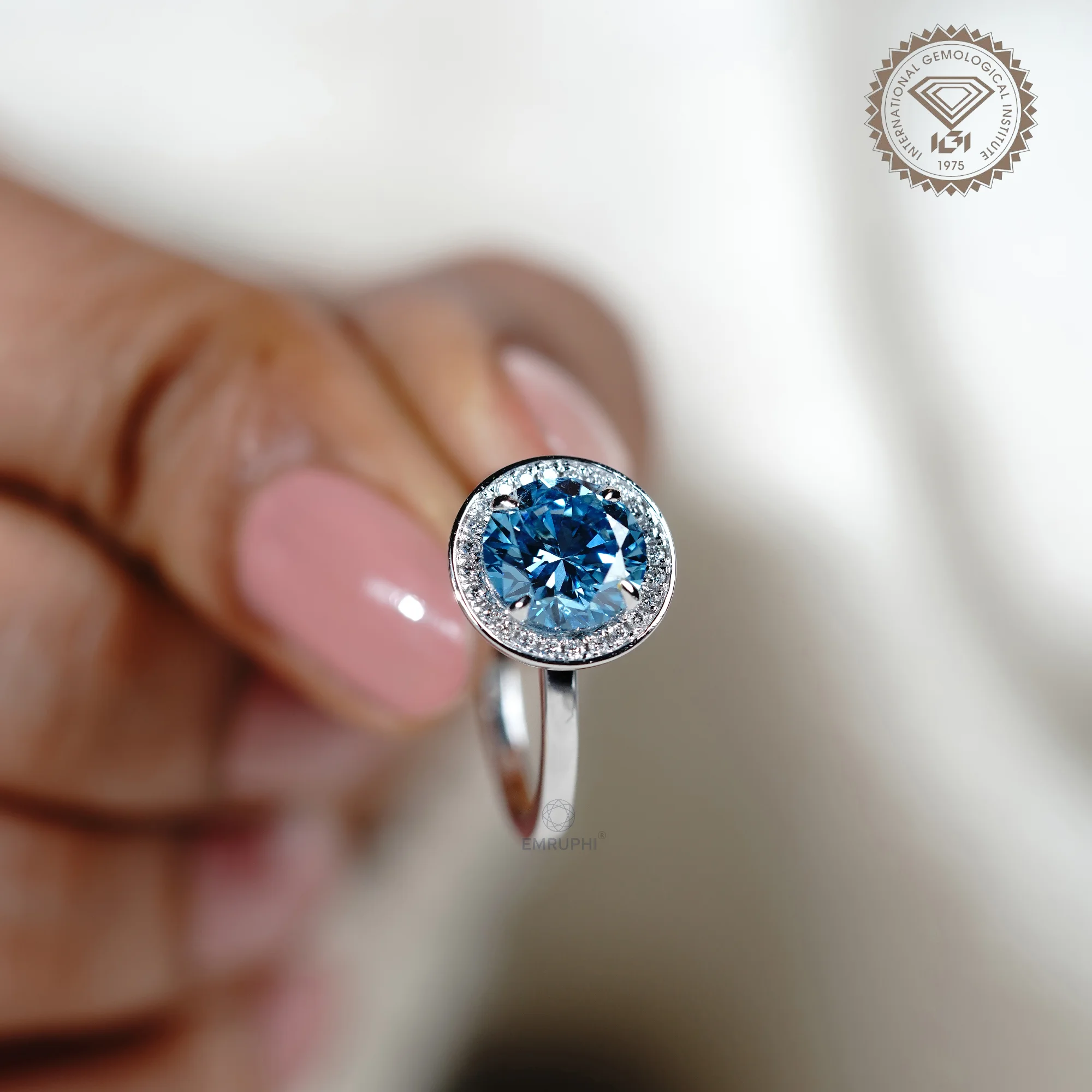 2.00 CT Vivid Blue Round Cut Wedding Ring, Bezel Diamond Engagement Ring, Color Lab Grown Diamond Ring — view 5