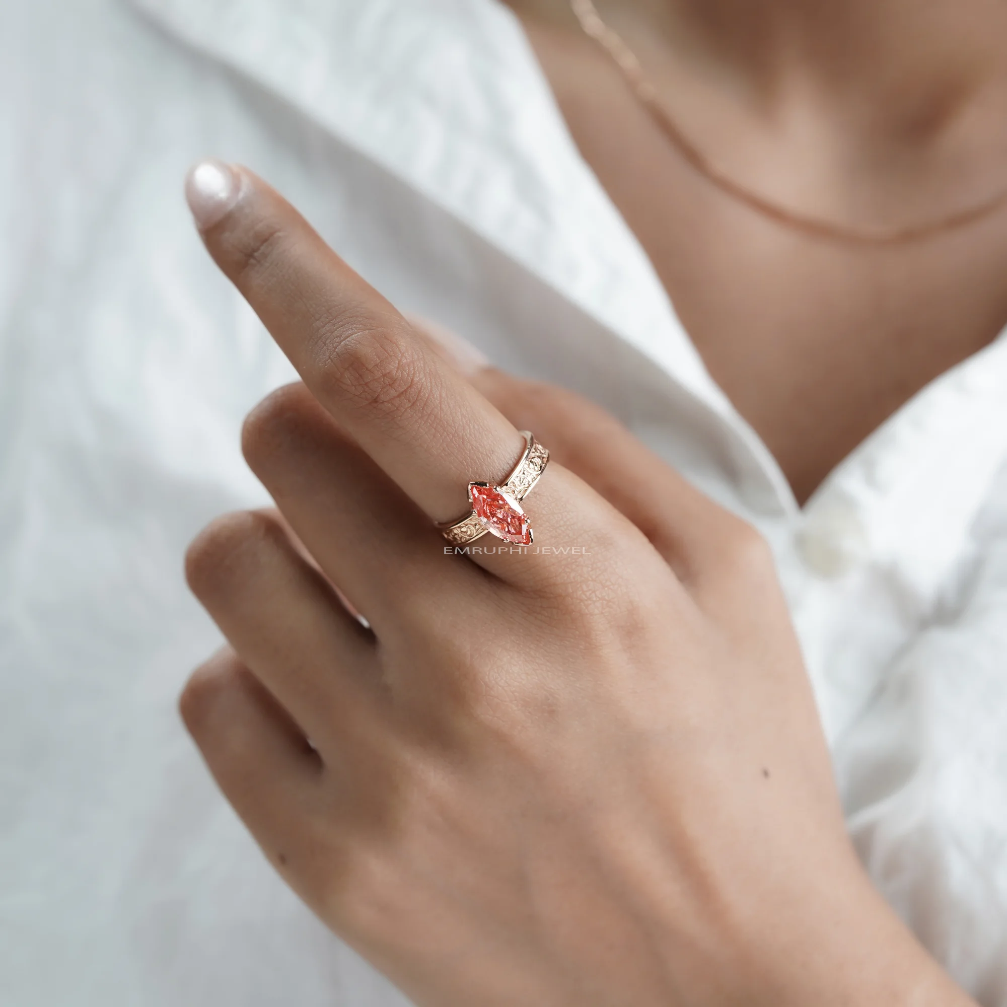 14K Gold Marquise Pink Lab Diamond Ring, 2.00 CT Vintage Engagement Ring, IGI Certified — view 8