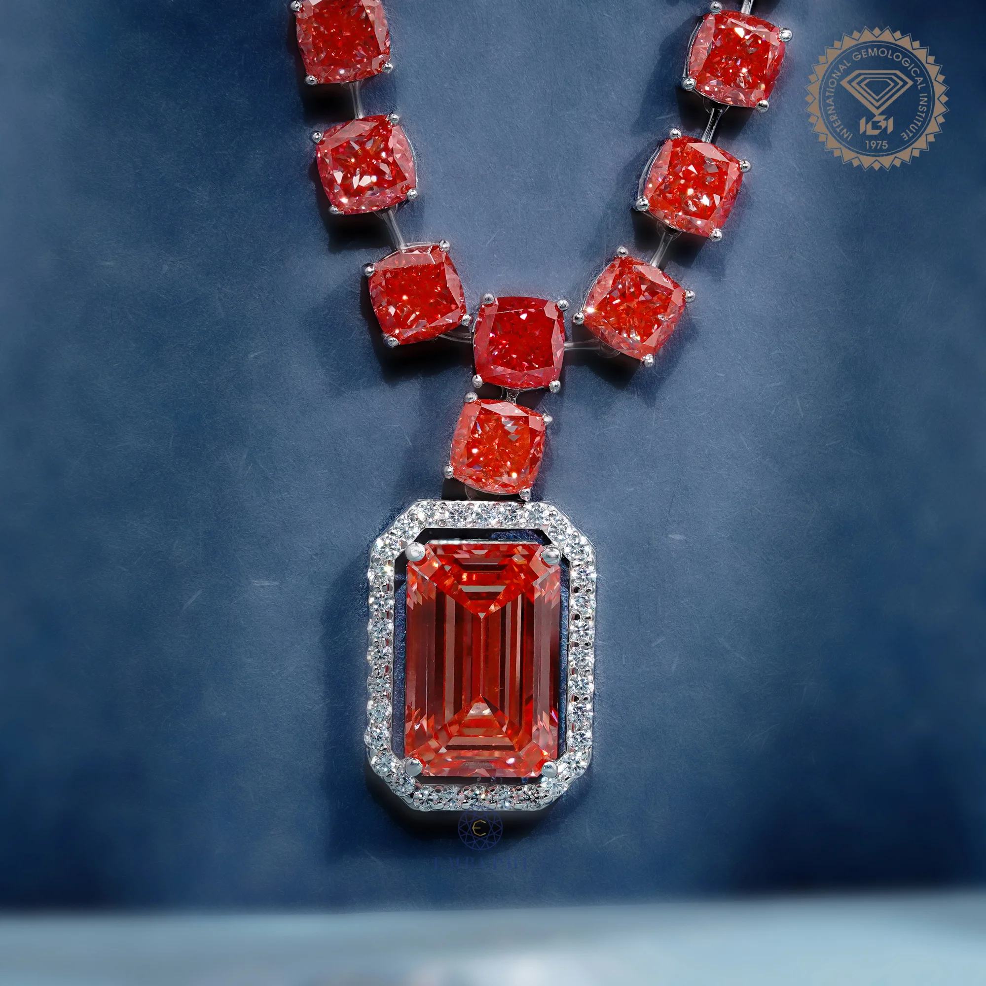 7.25 CT Vivid Pink Emerald Cut Halo Pendant Necklace, Cushion Tennis Necklace — view 3