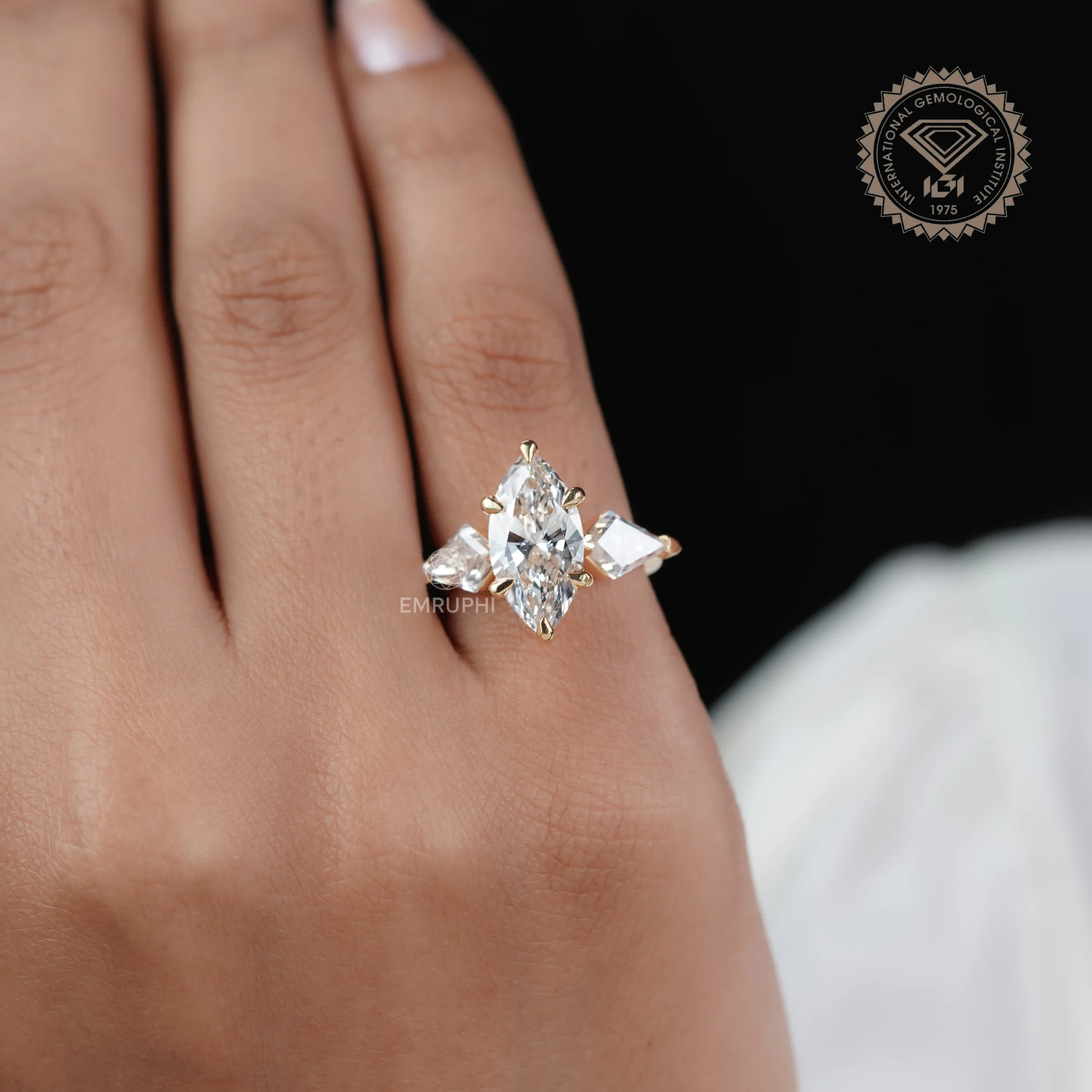 3 CT Marquise Lab Diamond Ring, Kite Side Stones, 14K Gold Wedding Ring — view 9