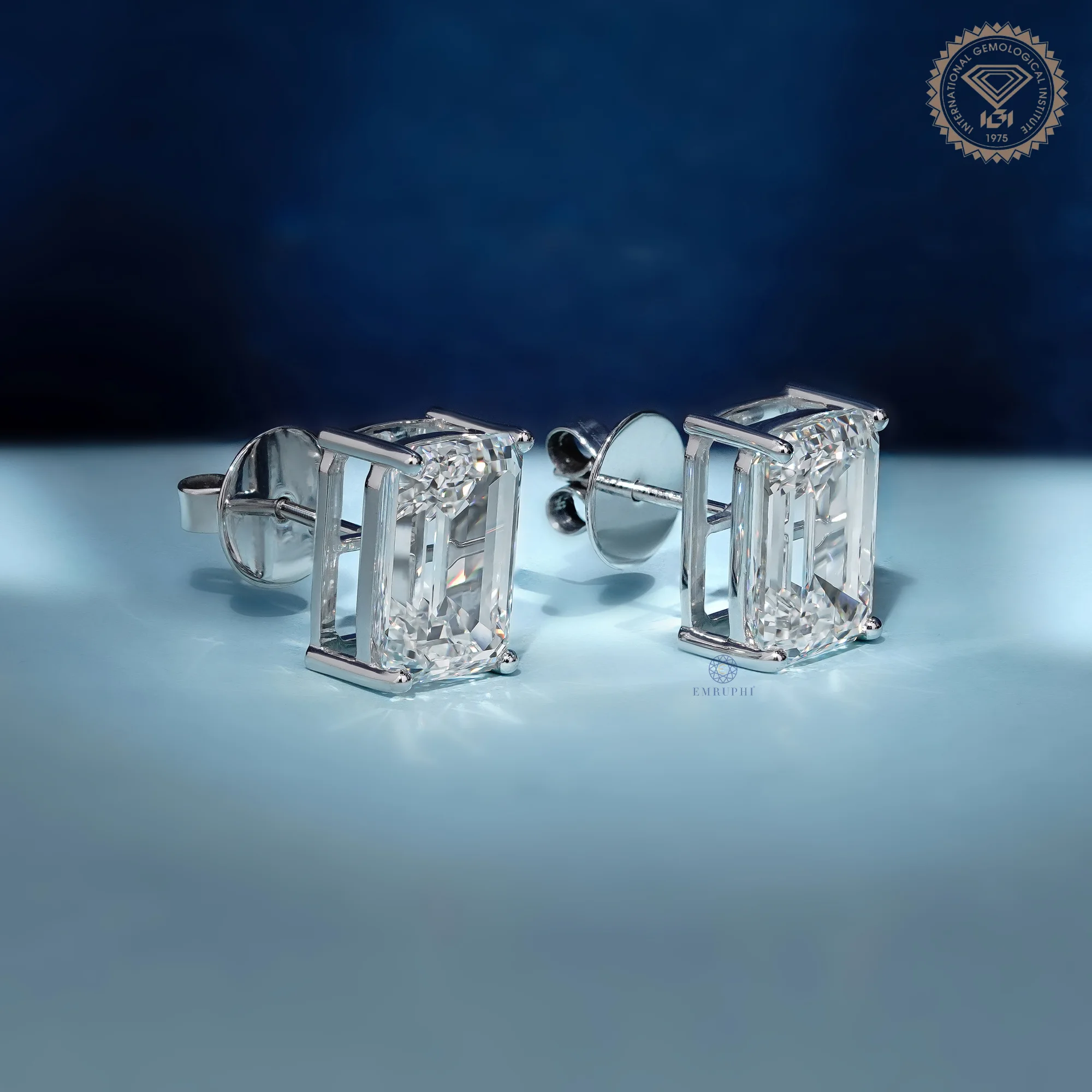 10.00 Tcw Emerald Solitaire Earrings, 14k Gold Prong Setting Emerald Cut Lab Grown Diamond Studs, — view 2