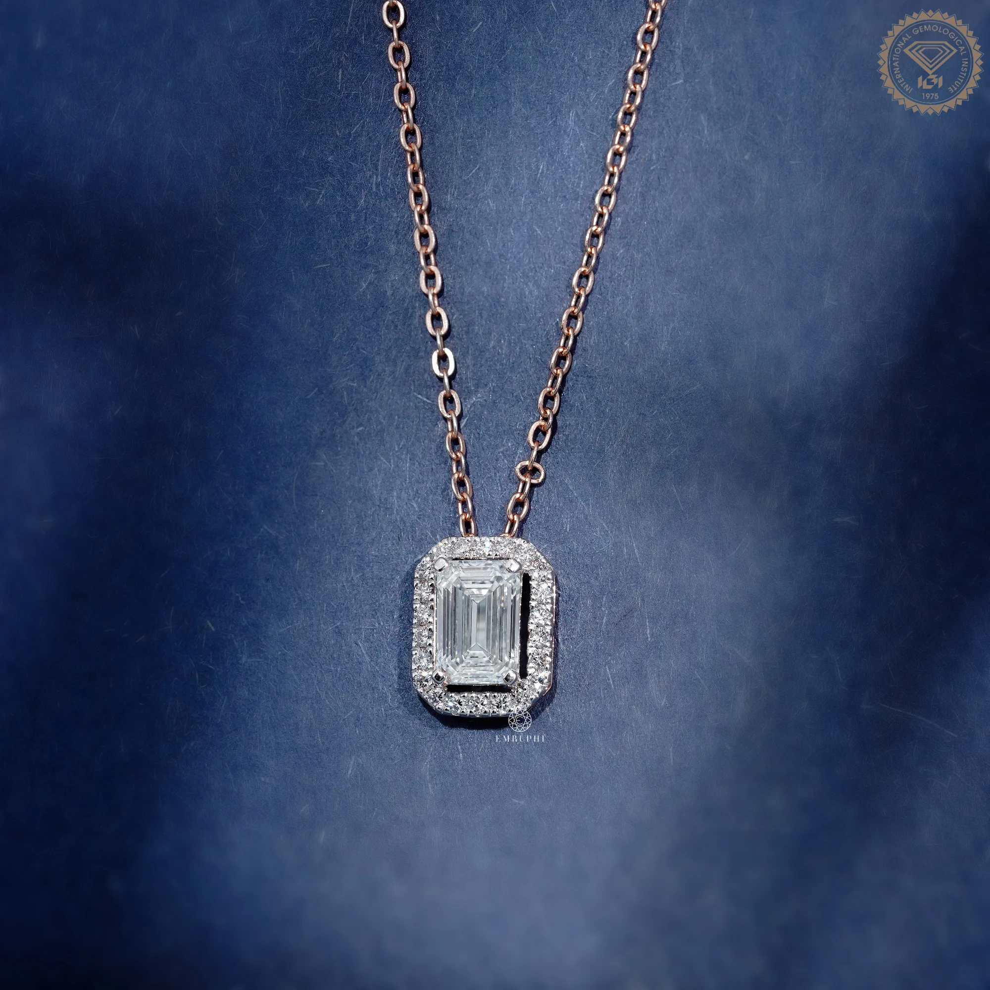 1 CT Emerald Cut Lab Grown Diamond Necklace, Halo Pendant Rose Gold Chain, Two Tone Pendant — view 2