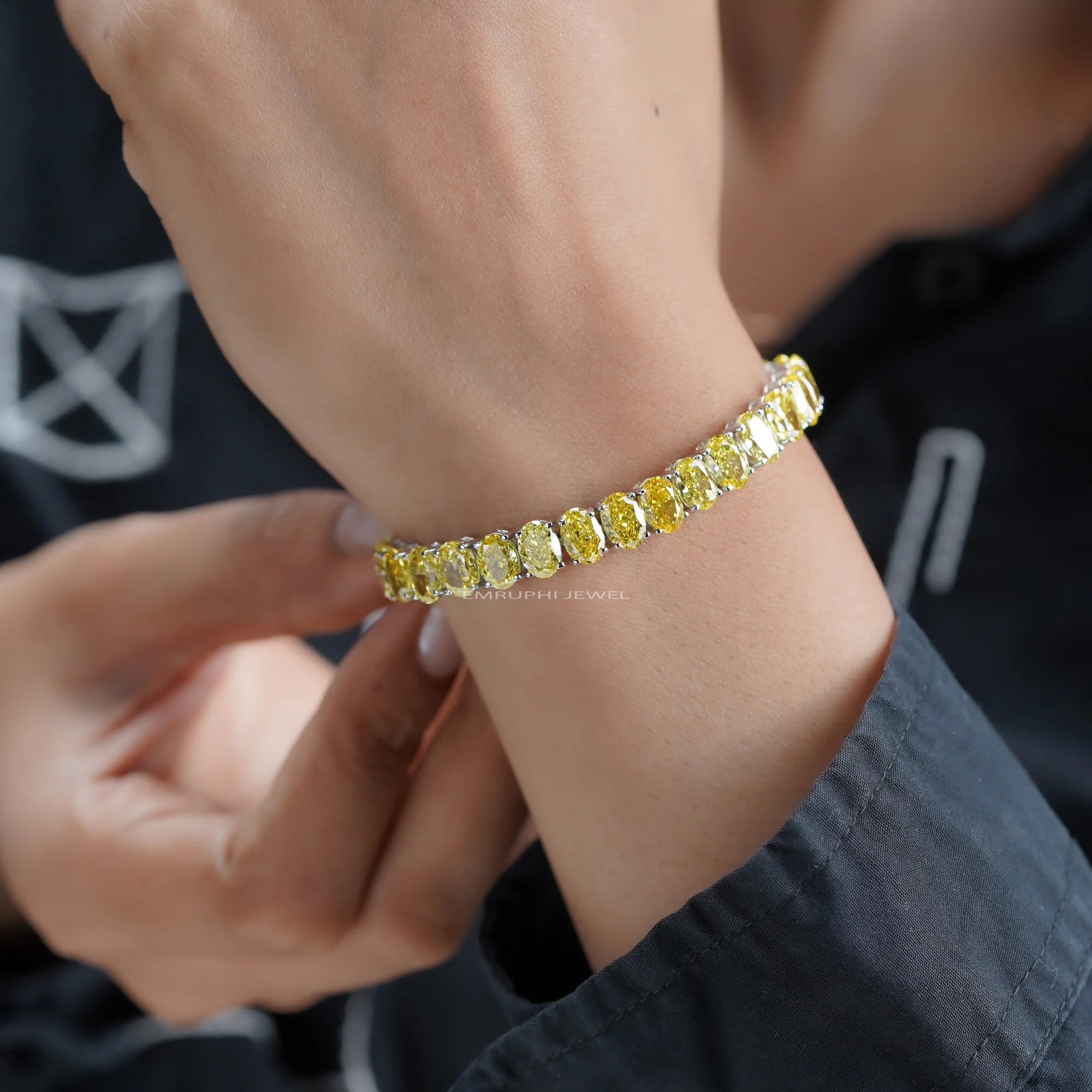 Yellow Oval Lab Grown Diamond Tennis Bracelet, Oval Cut Solitaire Tennis Bracelet in Gold — view 11
