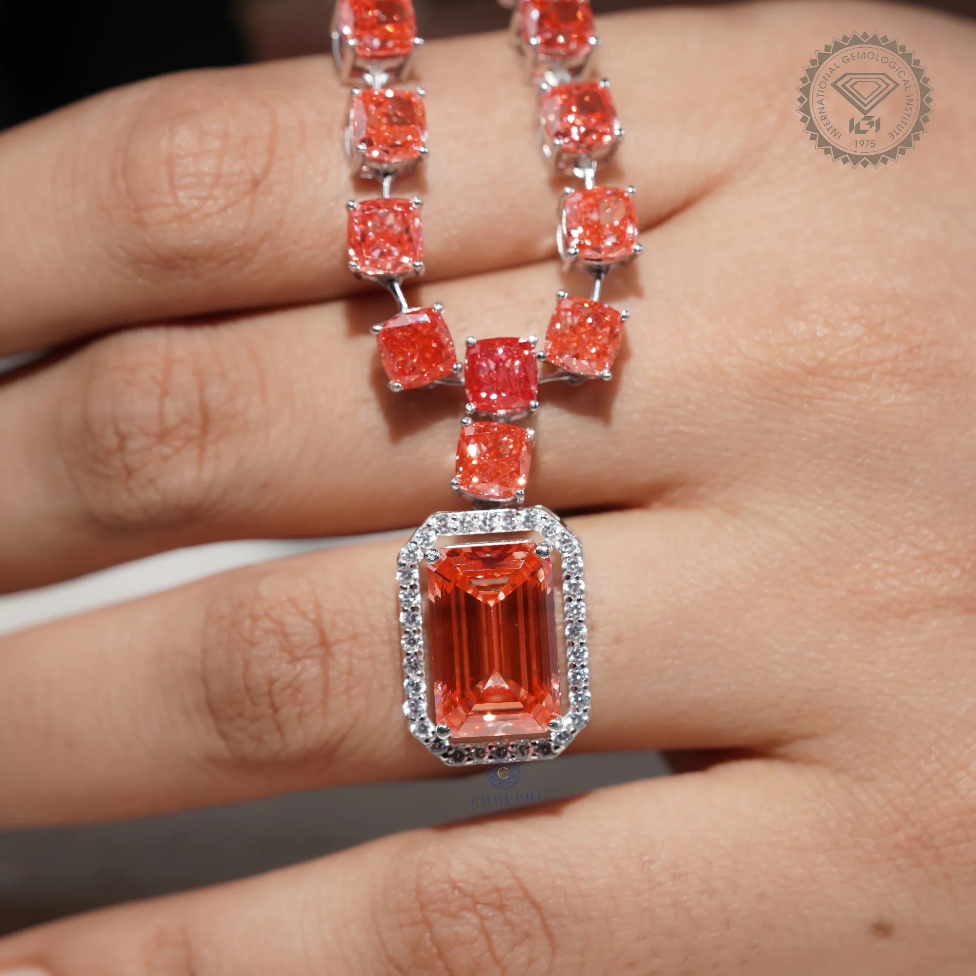 7.25 CT Vivid Pink Emerald Cut Halo Pendant Necklace, Cushion Tennis Necklace — view 10