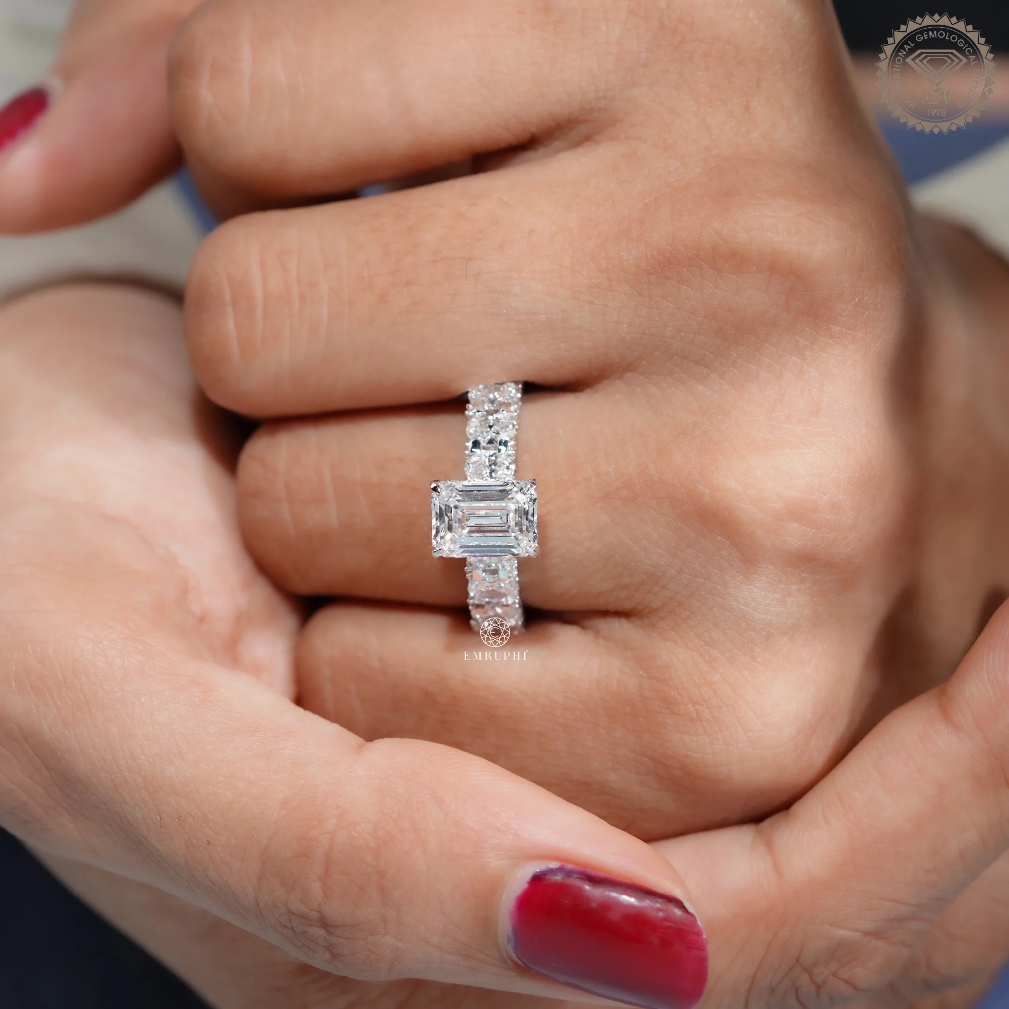 Emerald Cut Lab Grown Diamond Engagement Ring, Diamond Eternity Band — view 9