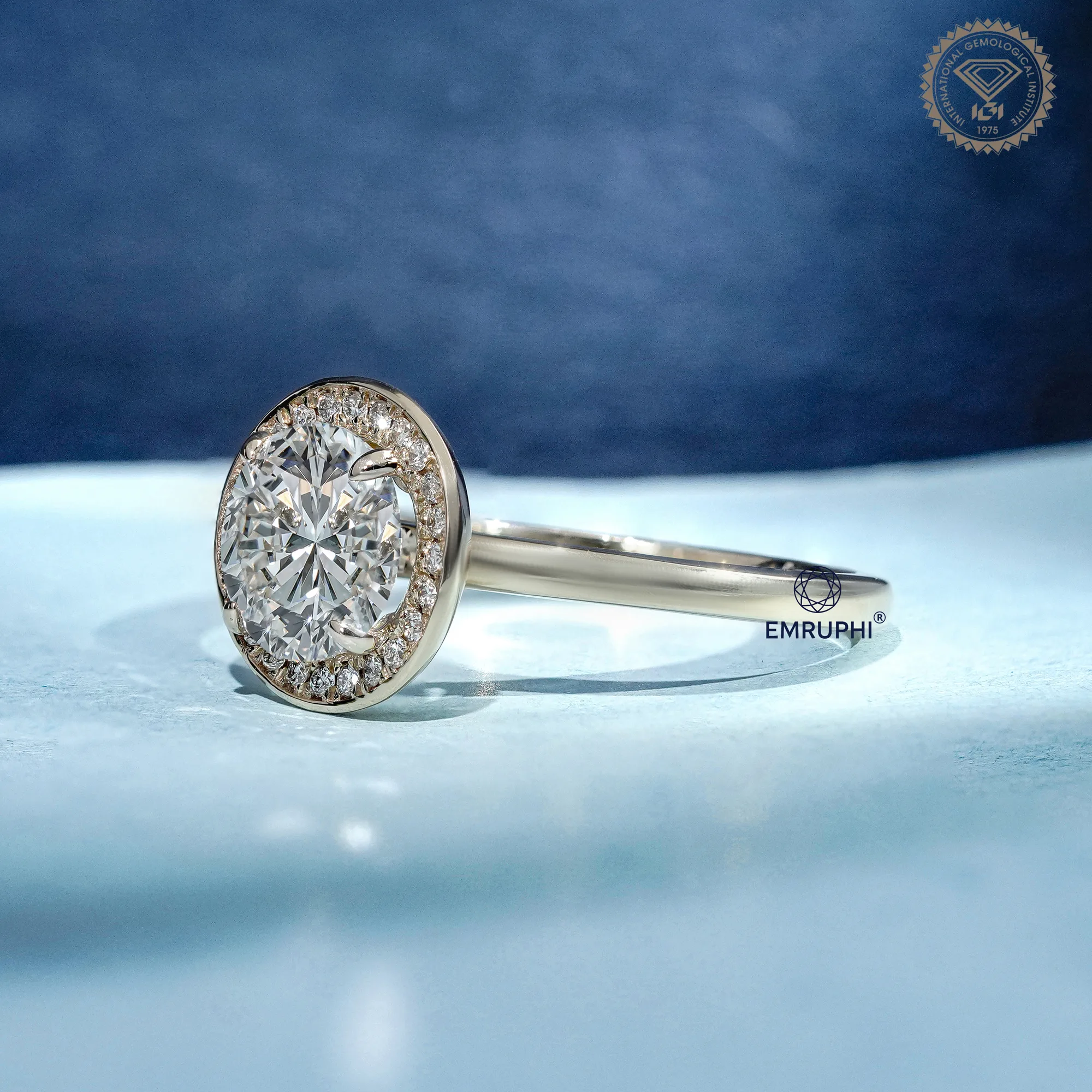 Round Cut Halo Engagement Ring in 14k Gold, Bezel Set Wedding Ring — view 2