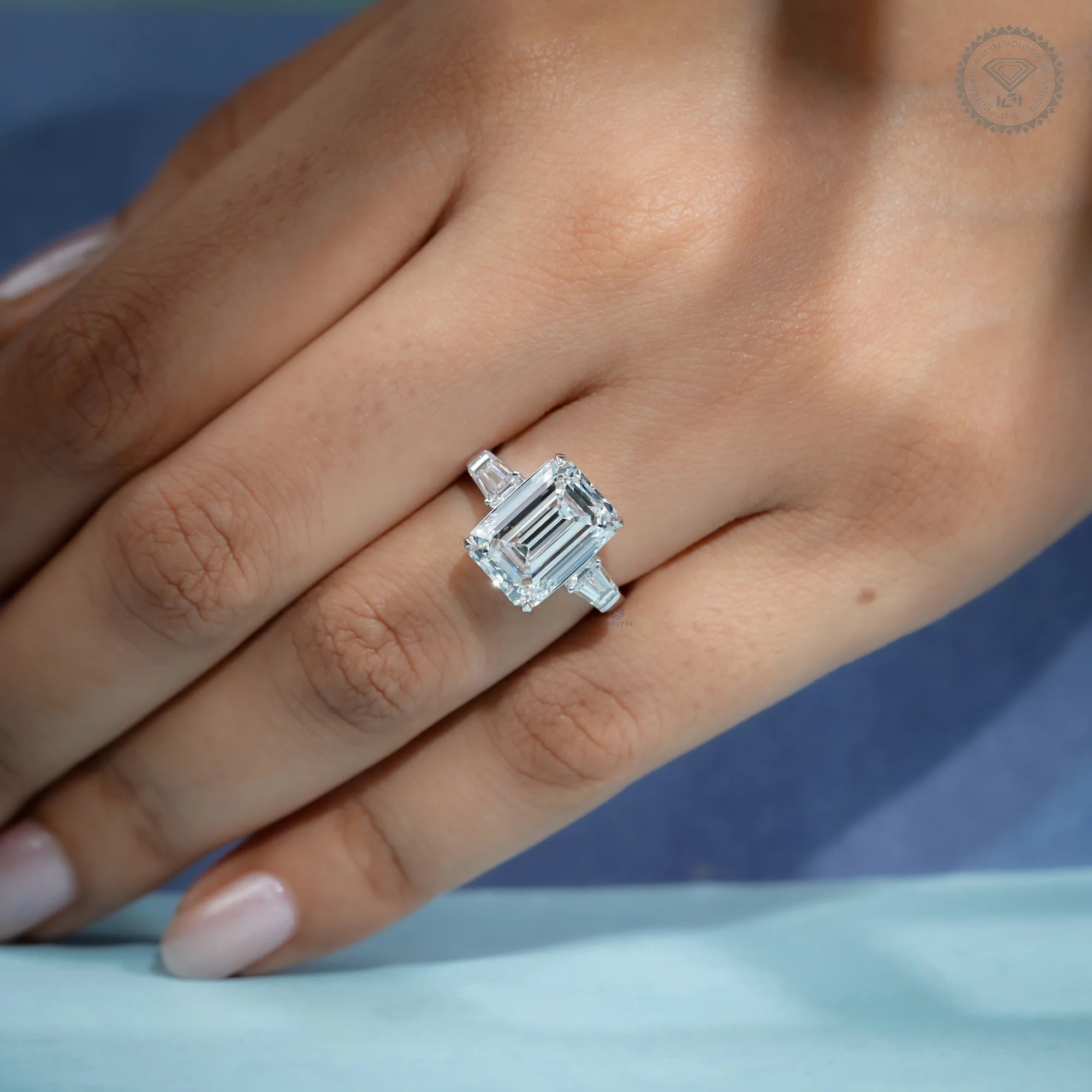 6 CT Emerald Cut Lab Grown Diamond Ring, Tapered Baguette Three Stone Engagement Ring, IGI Certified — view 8
