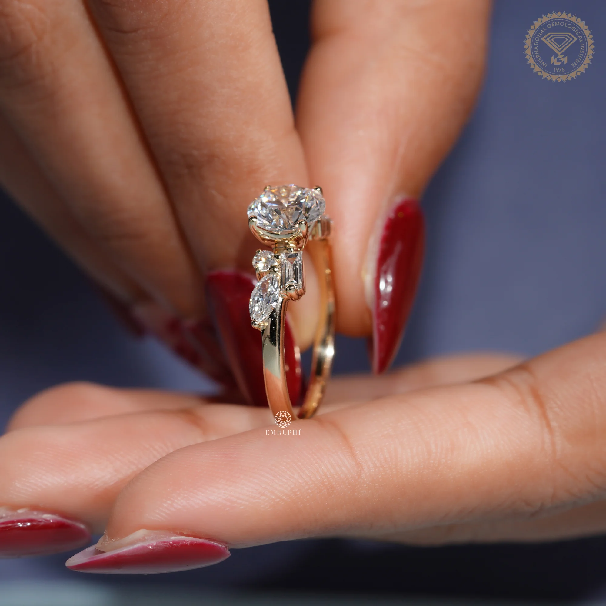 Round Cut Lab Grown Diamond Ring, Multi Shape Cluster Engagement Ring, Pear Baguette Accents — view 9