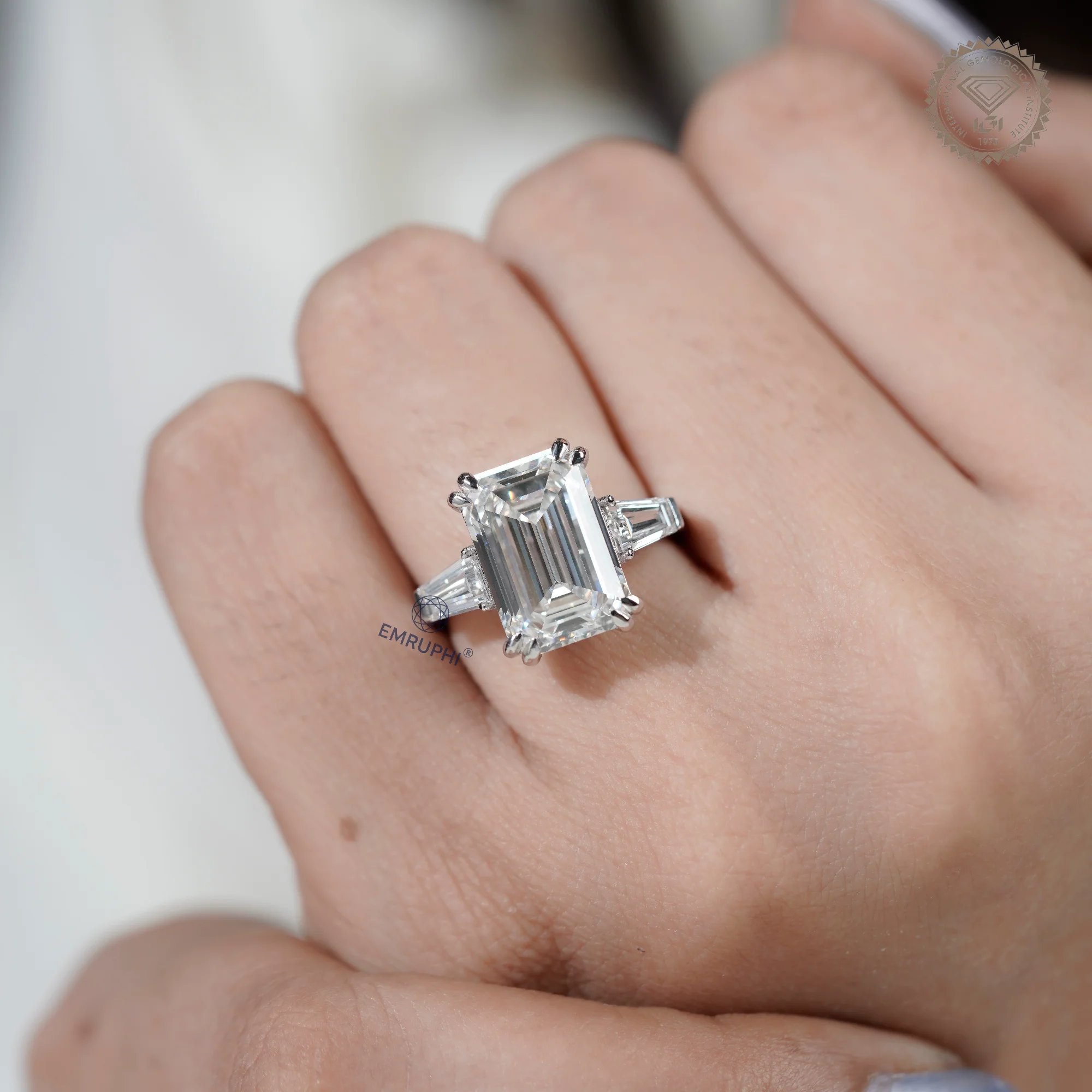 7 Carat Emerald Cut Lab Grown Diamond Engagement Ring | Trapezoid Side Stones — view 13