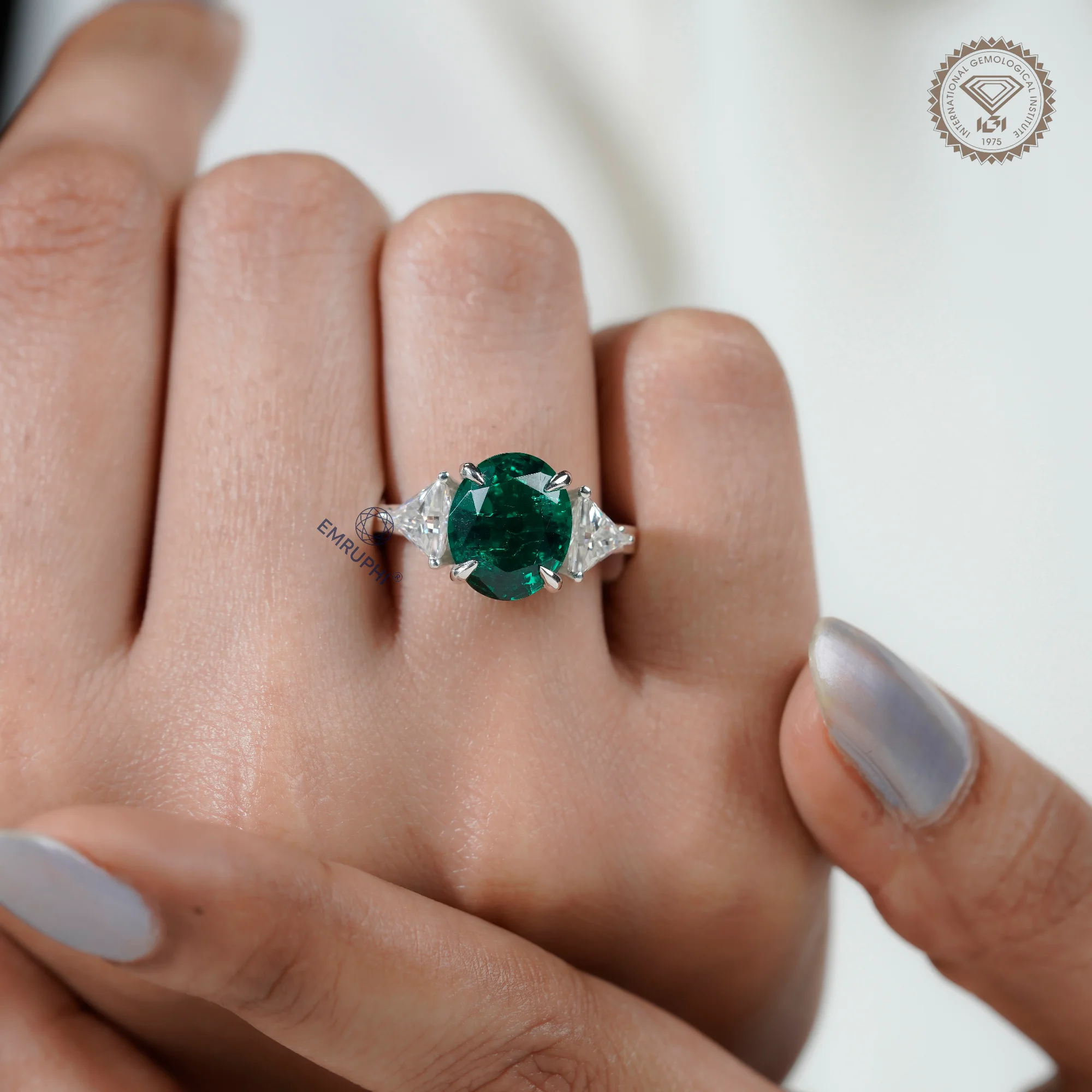 4.5 CT Oval Green Lab Grown Diamond Ring, Trillion Moissanite Sides — view 9