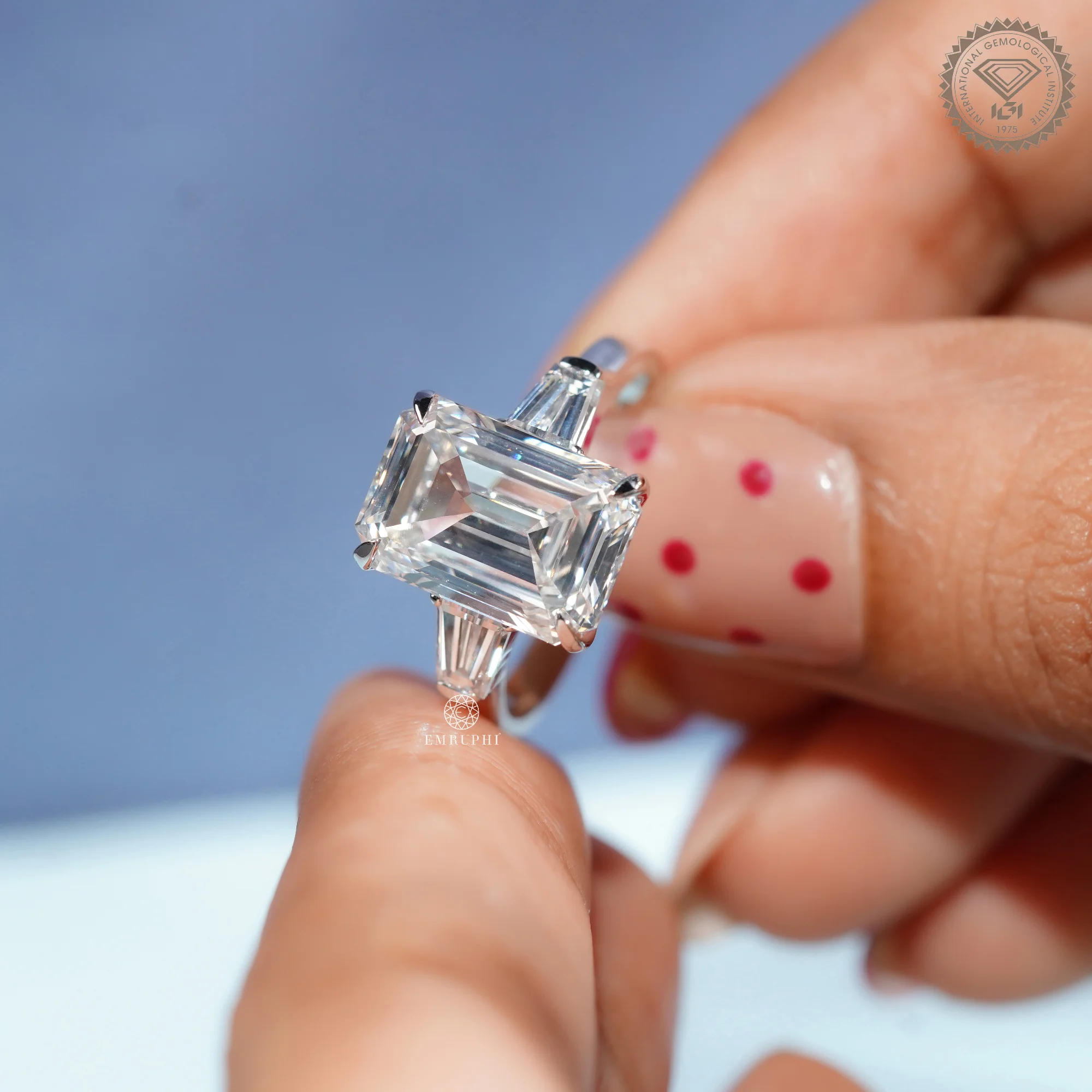 5.5 CT Emerald Cut Lab Diamond Ring with Tapered Baguette Side Stones, IGI Certified Diamond — view 6