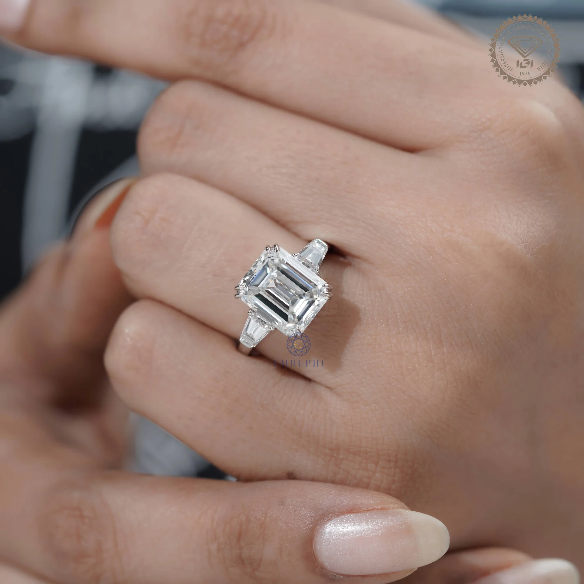 Emerald Lab Diamond Engagement ring in 14k Gold, Baguette Side Stones — view 12