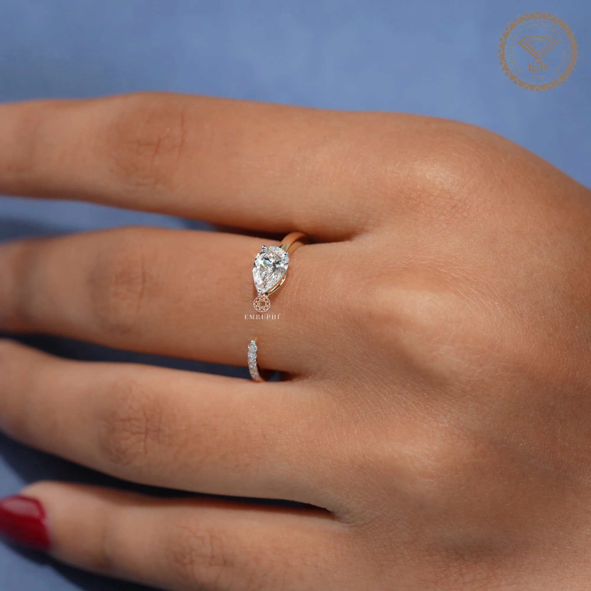 Pear Cut Lab Grown Diamond Open Ring, IGI Certified Bypass Engagement Ring — view 8