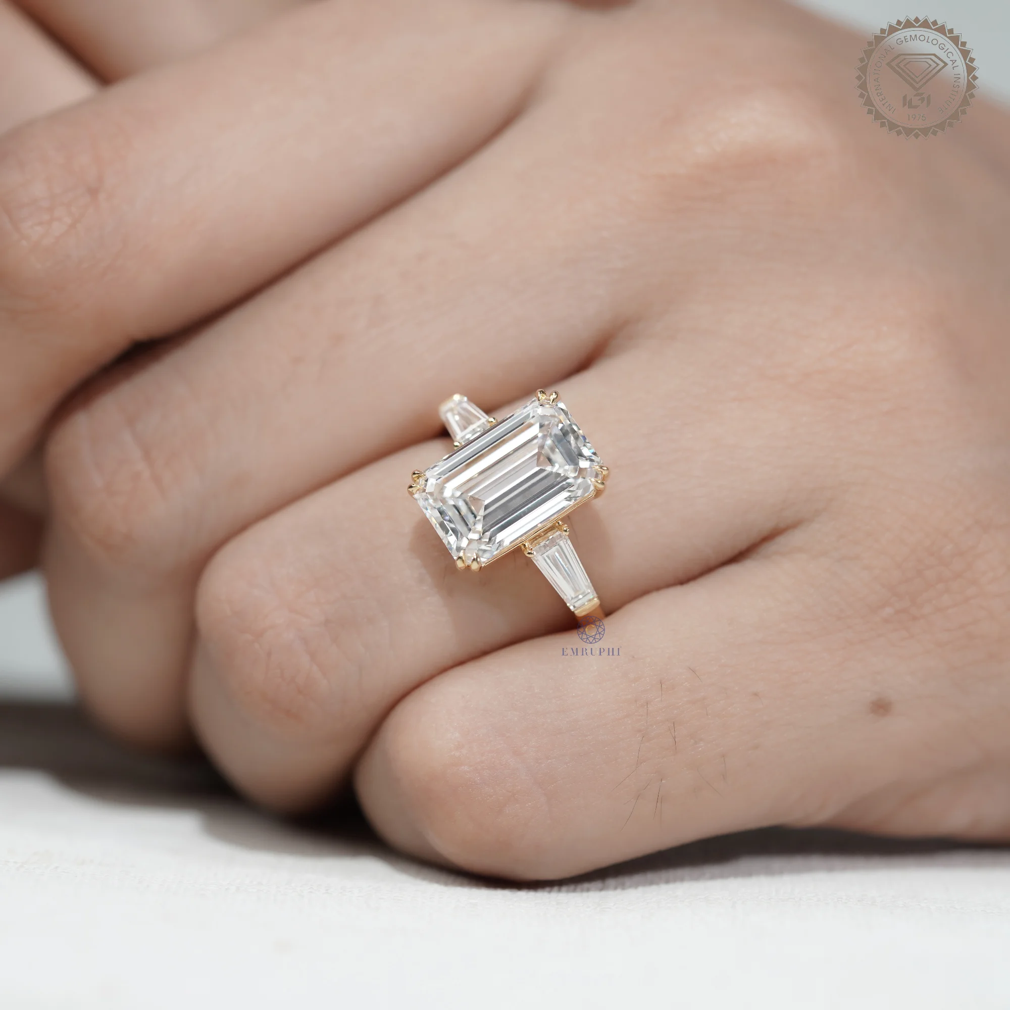 5 CT Emerald Lab Diamond Engagement Ring in 14k Gold, Three Stone Emerald Ring with Trapezoid Side Diamonds — view 10