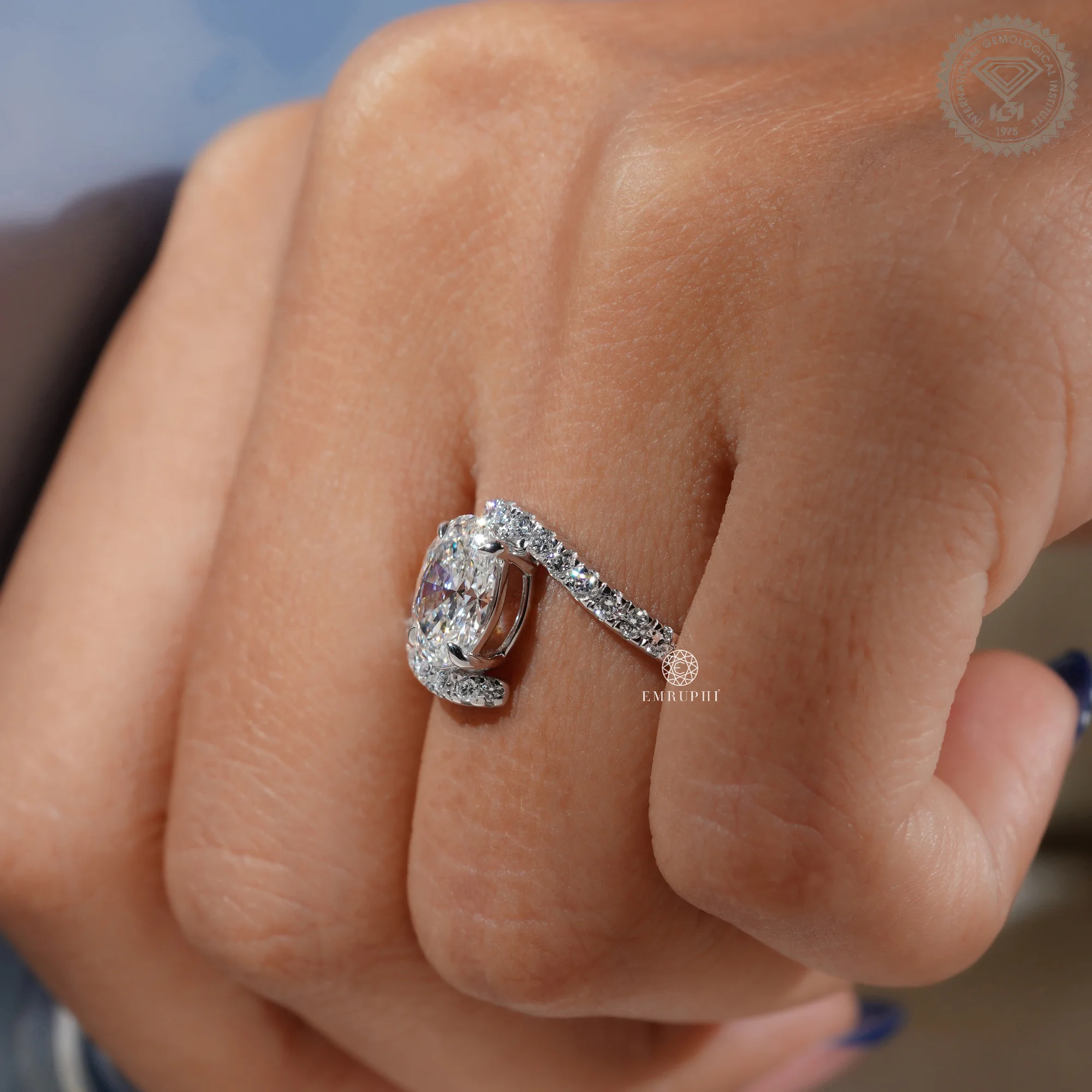 Oval Lab Grown Diamond Engagement Ring, Curved Diamond Band, Double Band Solitaire Ring — view 9