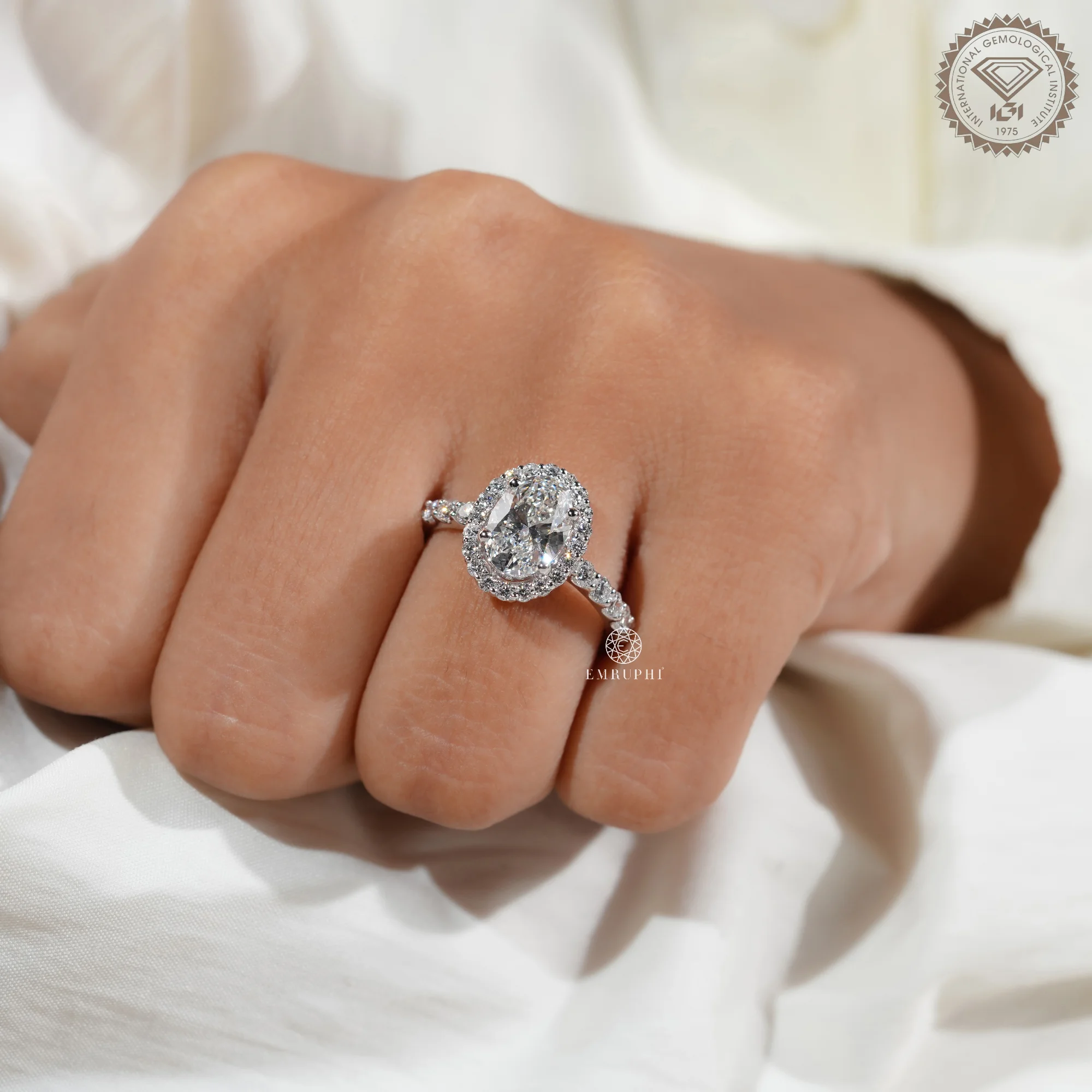 Oval Cut Diamond Halo Engagement Ring, IGI Certified, Pavé Diamond Band, Classic Halo Ring — view 8