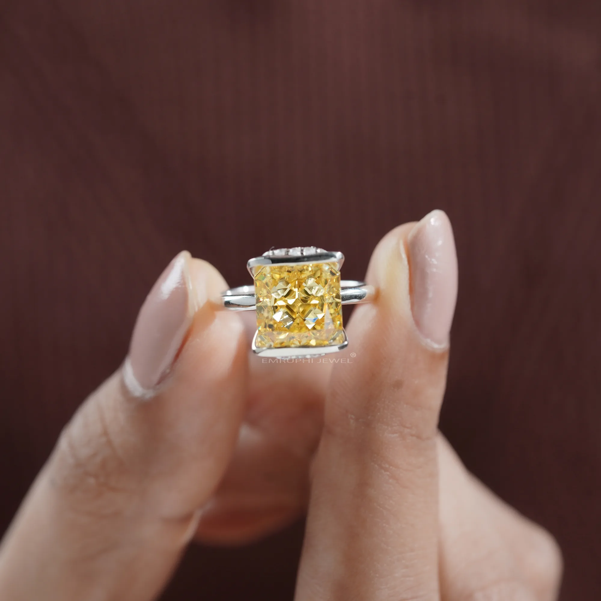 6 Carat Asscher Fancy Yellow Lab Grown Diamond Ring: Bezel Set Solitaire — view 8
