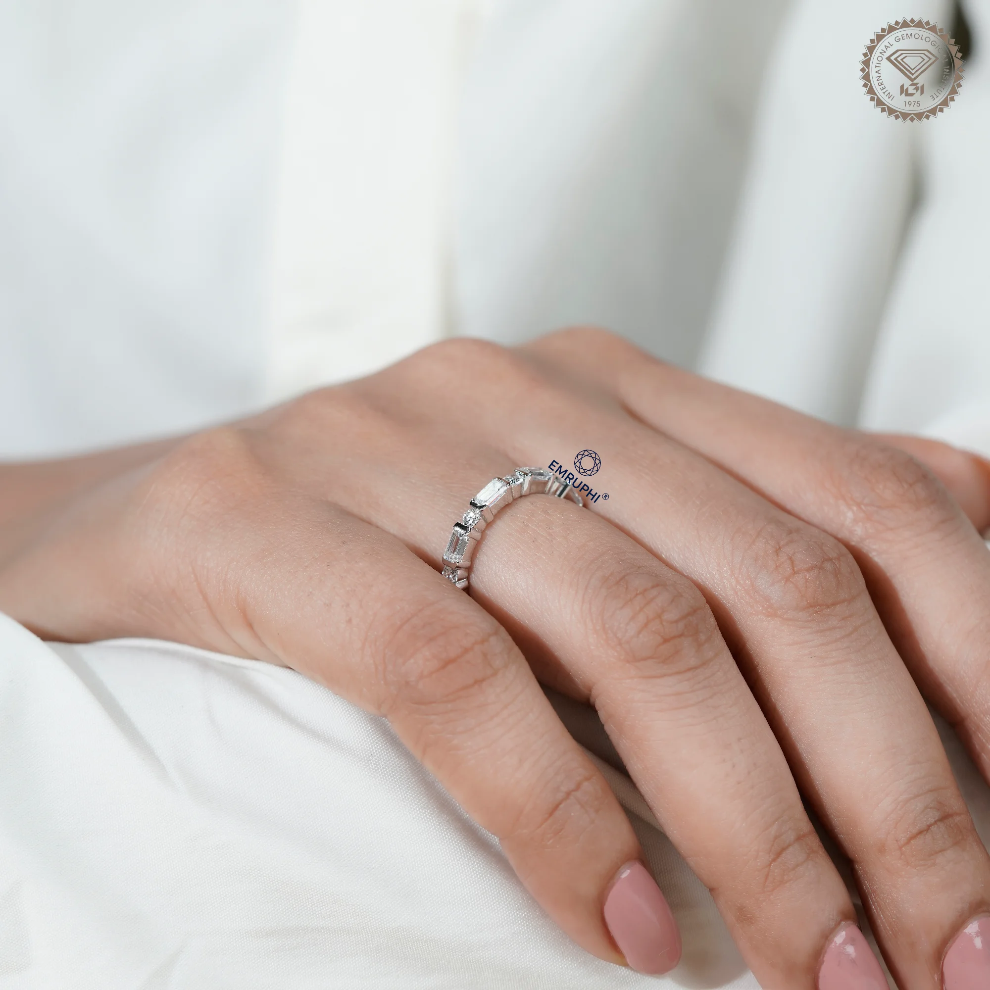 Emerald and Round Lab Grown Diamond Alternating Band, Dainty Wedding Ring — view 13