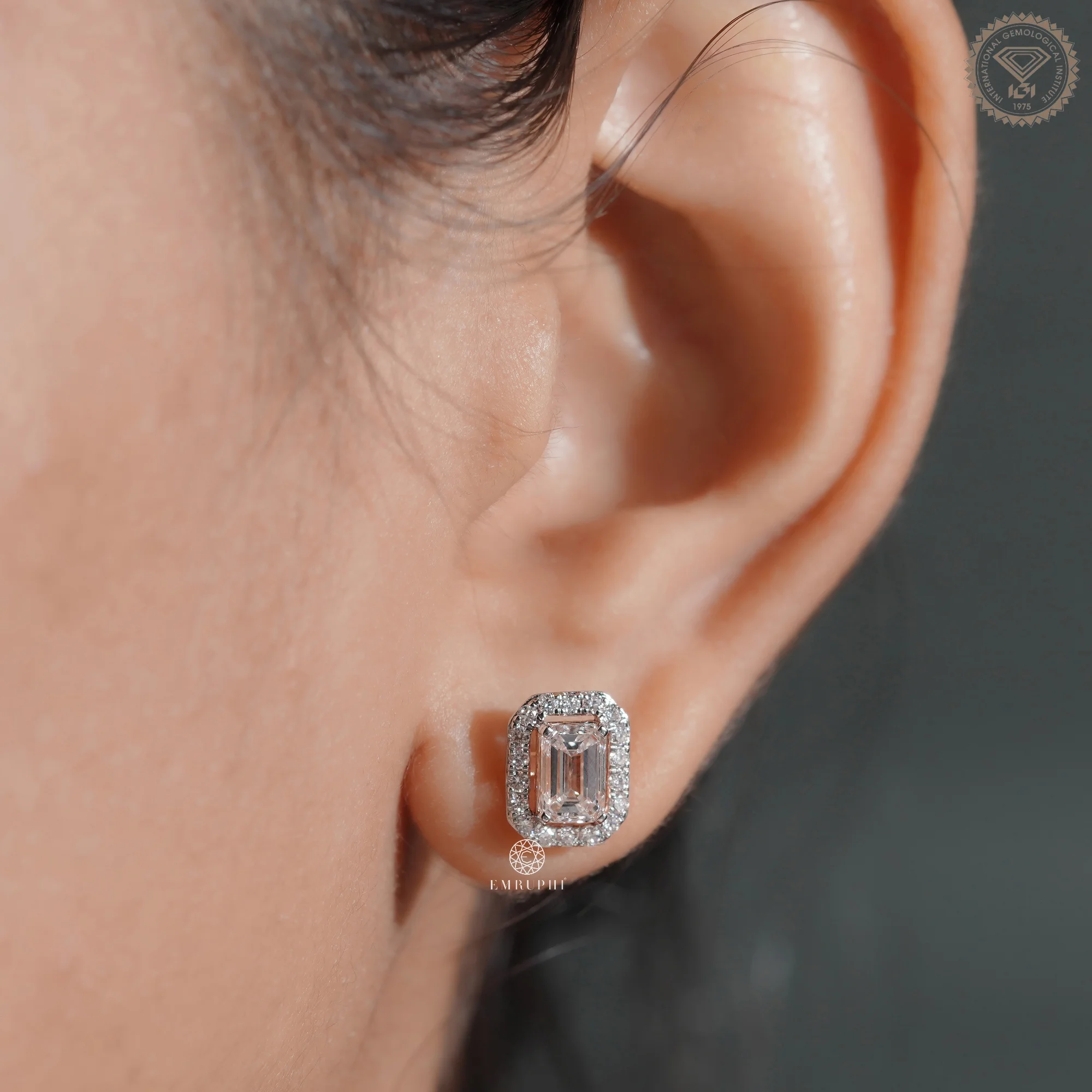 Emerald Cut Lab Grown Diamond Halo Earrings, Rose Gold Two Tone Studs — view 6