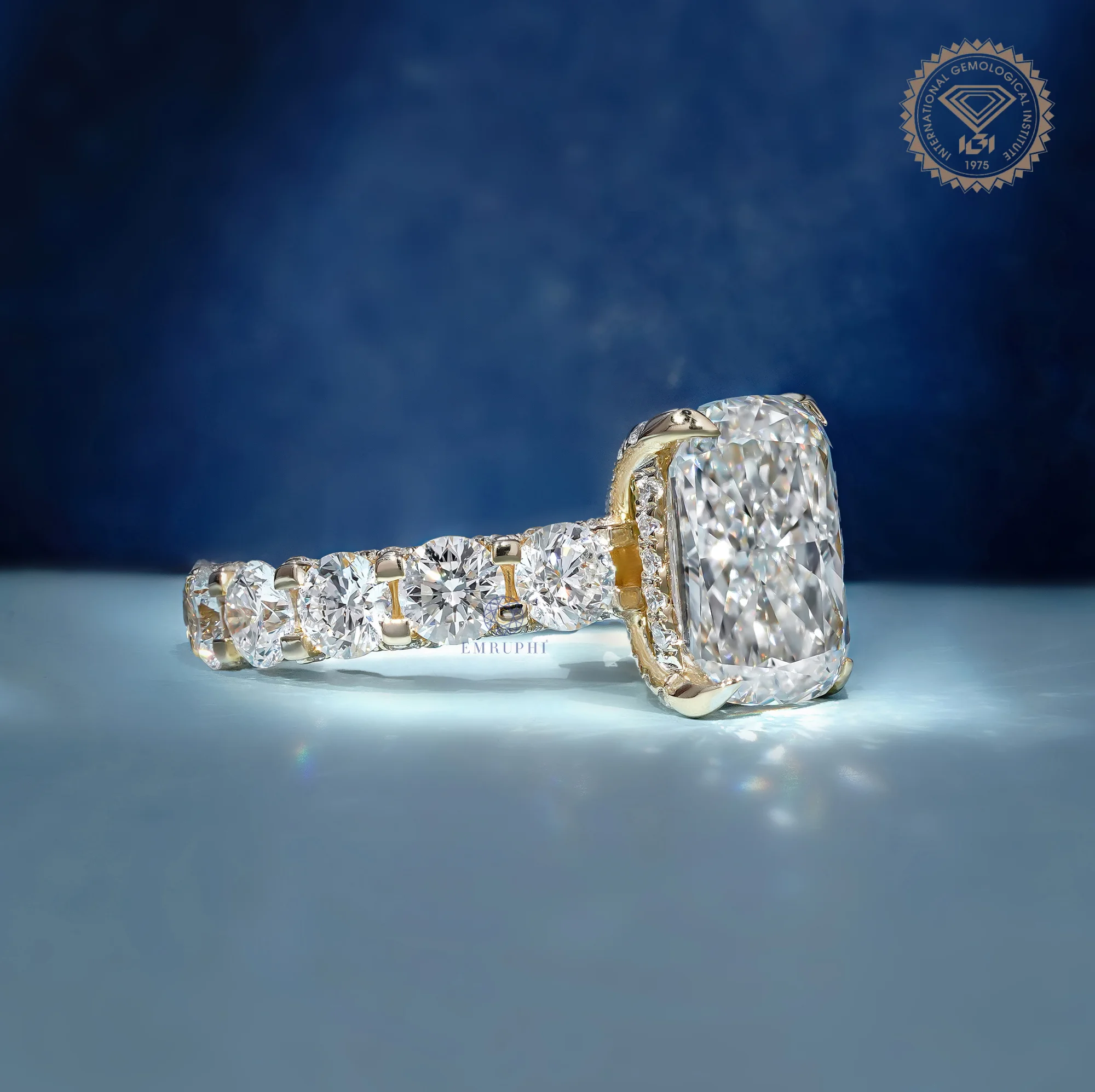5 CT Cushion Cut Lab Grown Diamond Engagement Ring, Round Diamond Band Ring, 14K Gold Bridal Ring — view 3