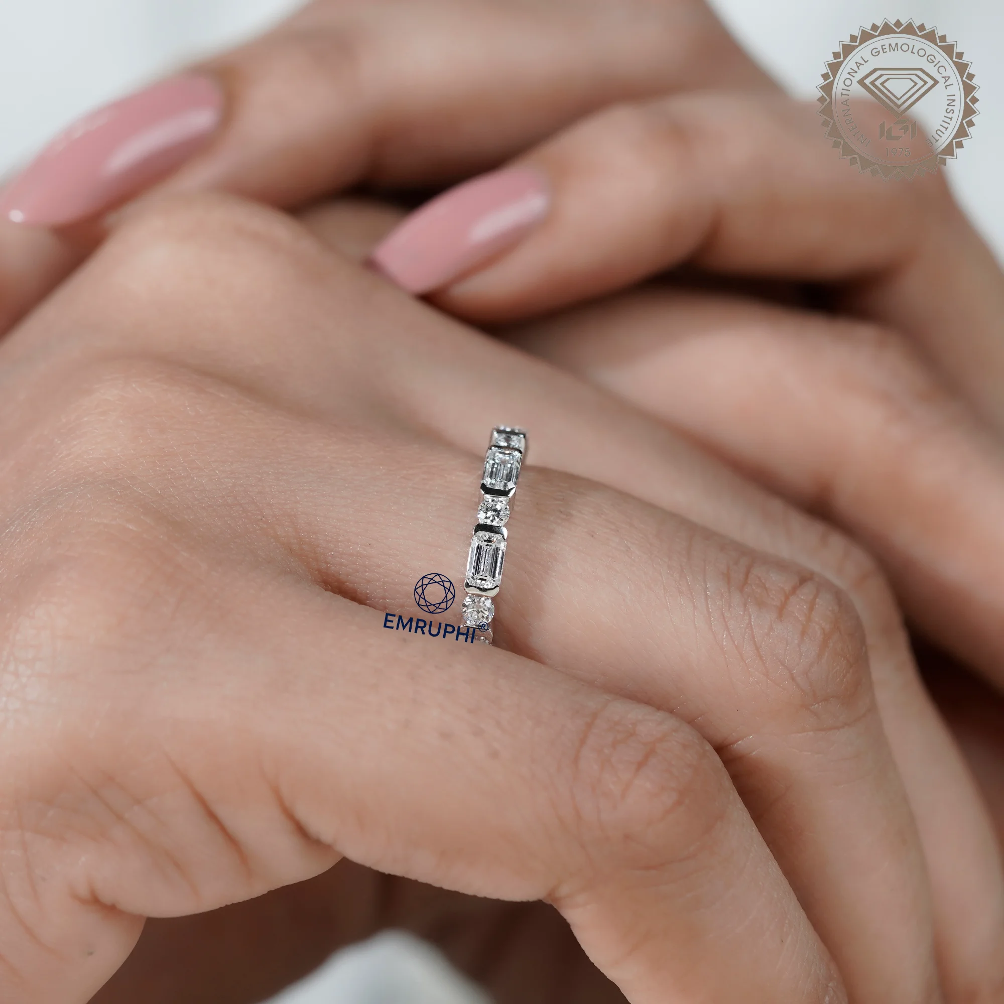 Emerald and Round Lab Grown Diamond Alternating Band, Dainty Wedding Ring — view 8