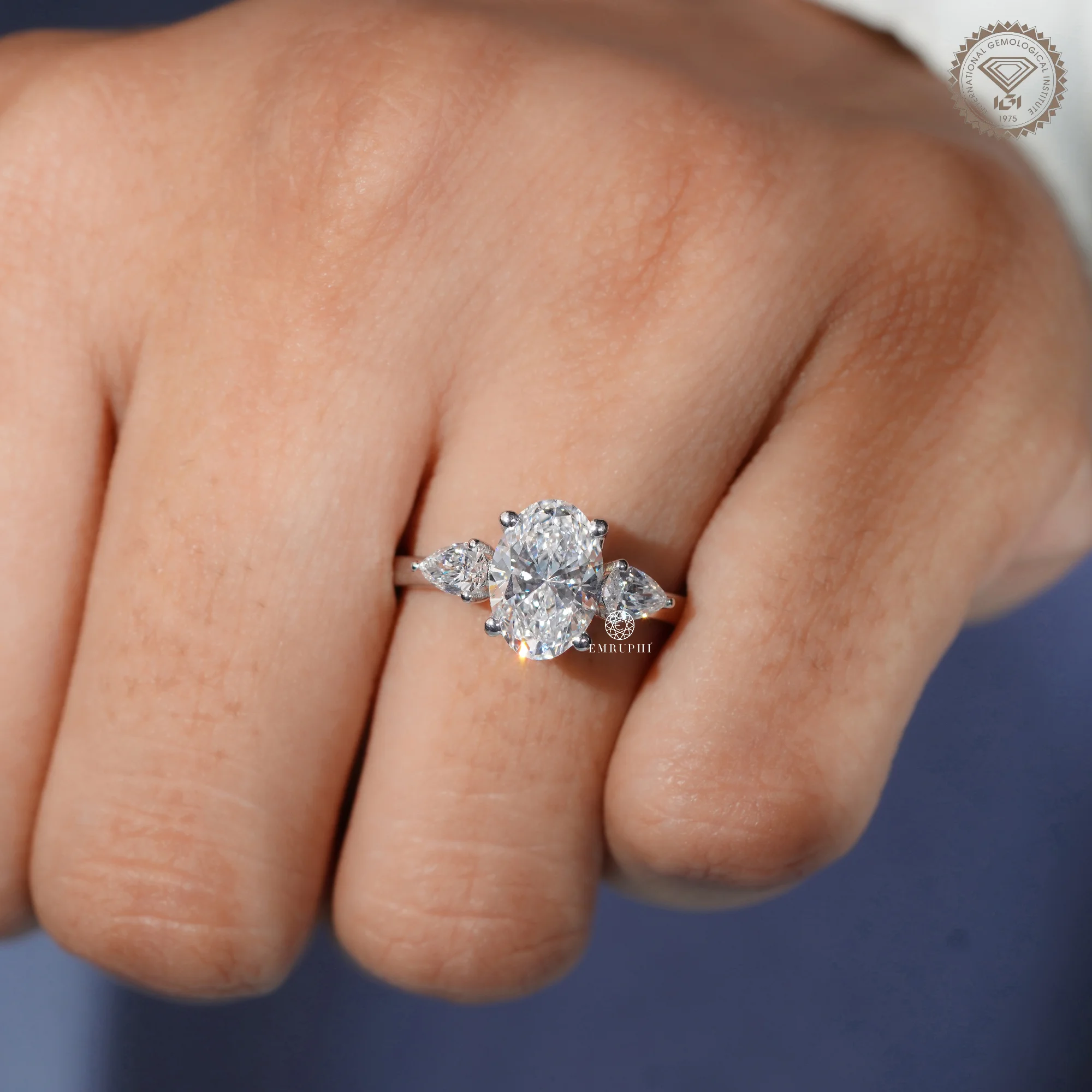 1.60 CT Oval Cut Lab Grown Engagement Ring With Pear Side Stone, Oval Three Stone Diamond Ring — view 7