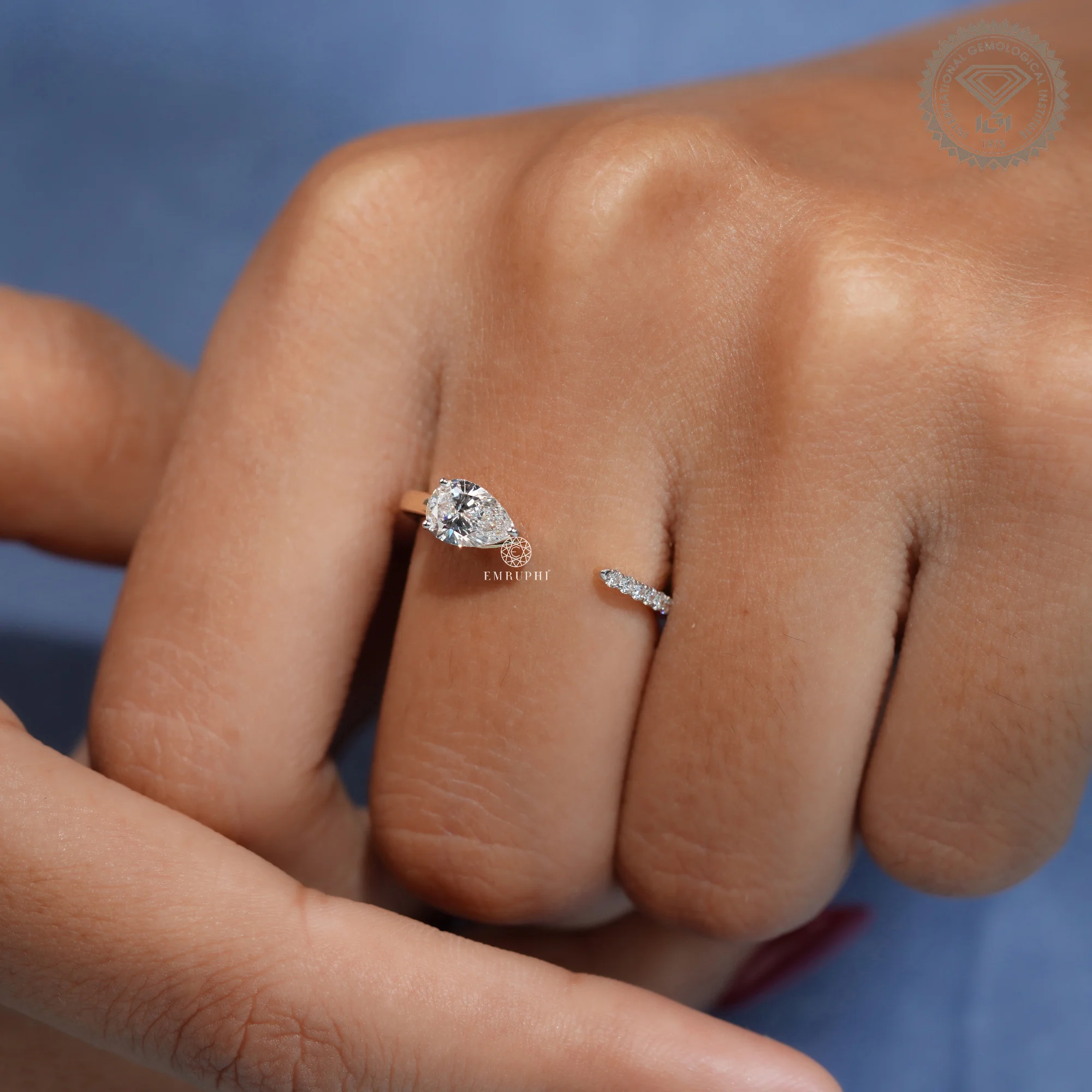 Pear Cut Lab Grown Diamond Open Ring, IGI Certified Bypass Engagement Ring — view 10